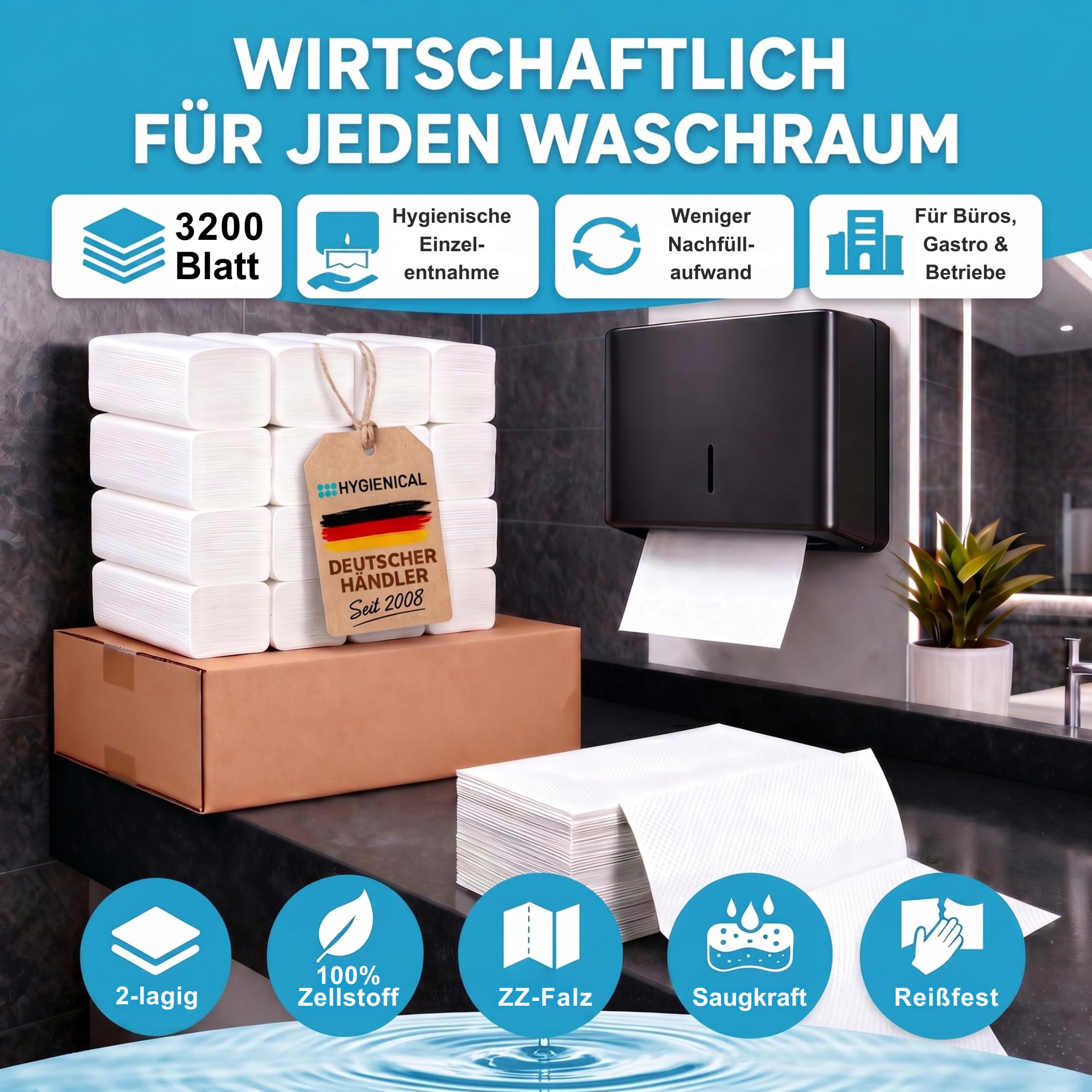 Premium-Papierhandtücher, 2-lagig, Zellstoff, 25 x 21 cm, 3.200 Blatt – Falthandtücher, Top-Handtuchpapier, Hygienischer Betriebsbedarf, Weiß, Für Büro, Gastronomie & Haushalt
