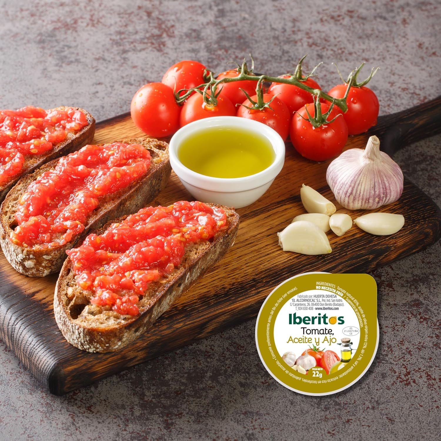 Iberitos Monodosis de tomate, ajo y aceite - 18 unidades x 22 gr/ud.Sin Gluten, Sin Lactosa
