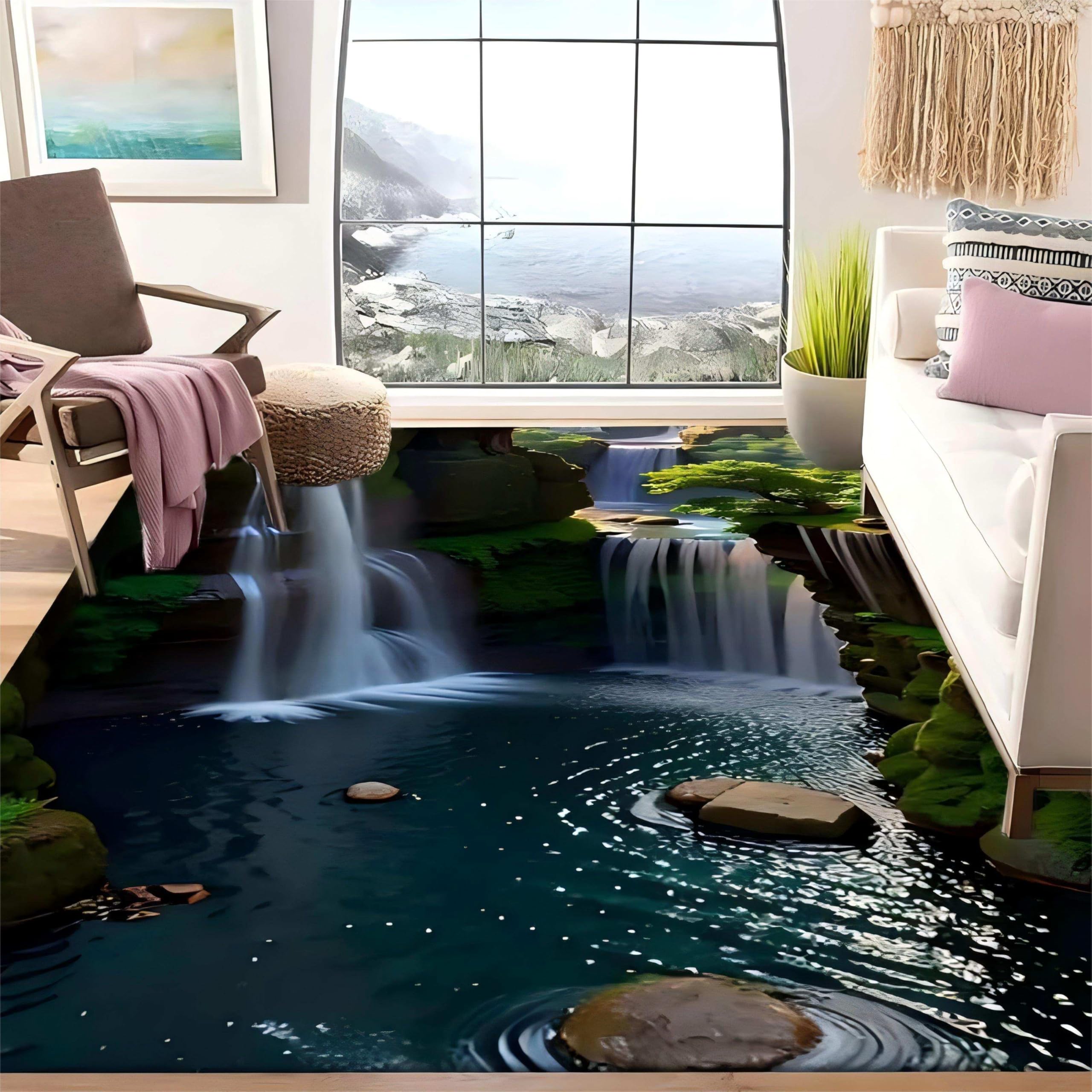 SOJAWA 3D Area Rug, 180x230cm Mountain Stream Waterfall Optical Illusion Rug, Stylish and Beautiful Natural Scenery Interior Decoration Rugs, for Living Room Bedroom Bedside Hallway Carpet