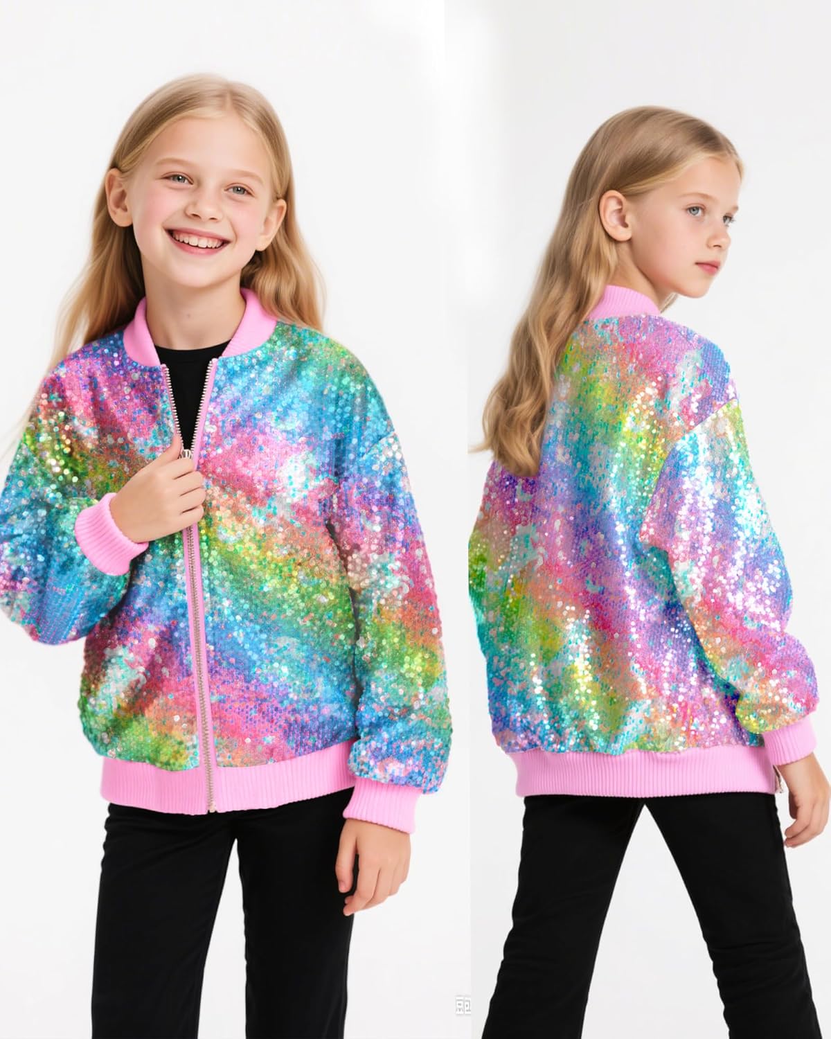 OlyPegic Girls Sequin Jacket Sparkly Glitter Bomber Kids Outwear with Pockets Zipper Coat Long Sleeve Jackets 4-12T - Image 3