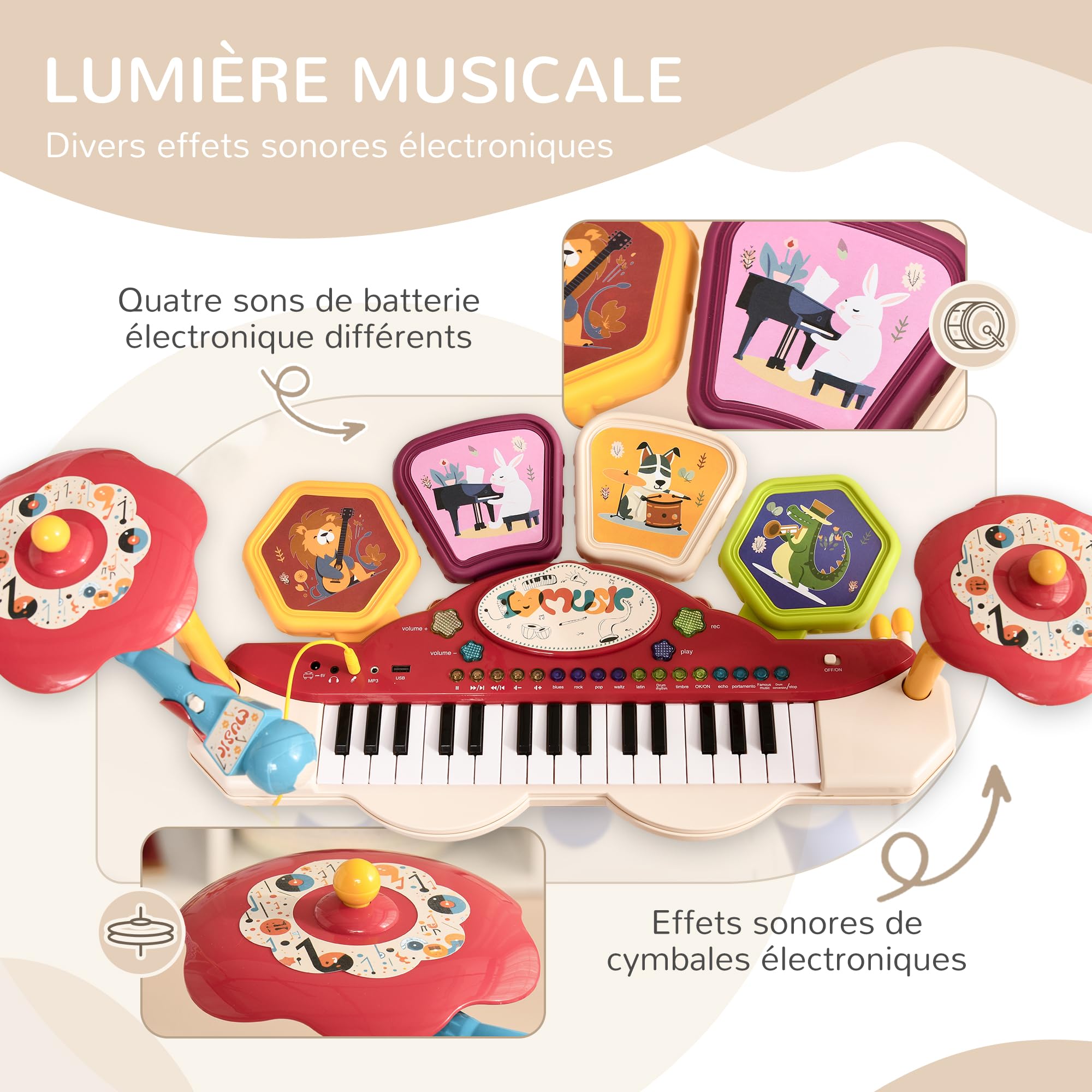 AIYAPLAY Kinderklavier, elektronische Tastatur Schlagzeug 2 in 1, 32 Multifunktionstasten, mit Mikrofon und Hocker, U- und MP3-Disc-Player, Kindermusikinstrument 3-6 Jahre, Mehrfarbig