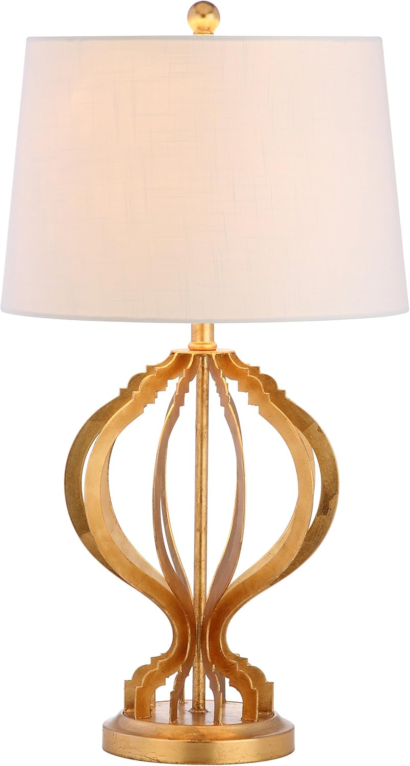 JONATHAN Y 28.5" Gold Leaf Sebastian Metal Trellis LED Table Lamp, Contemporary Iron Bedside Lamp for Living Room Bedroom, White Linen Drum Shade, LED Bulb Included JYL3025A