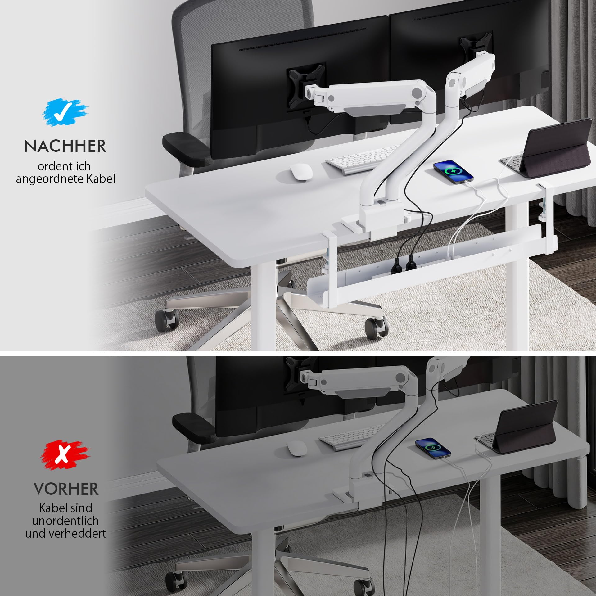 Mimoke Kabelkanal Schreibtisch - 800 bis 1200 mm ausziehbare Kabelwanne Kabelmanagement Schreibtisch mit Zubehör Einfache Klemmmontage (Weiß)