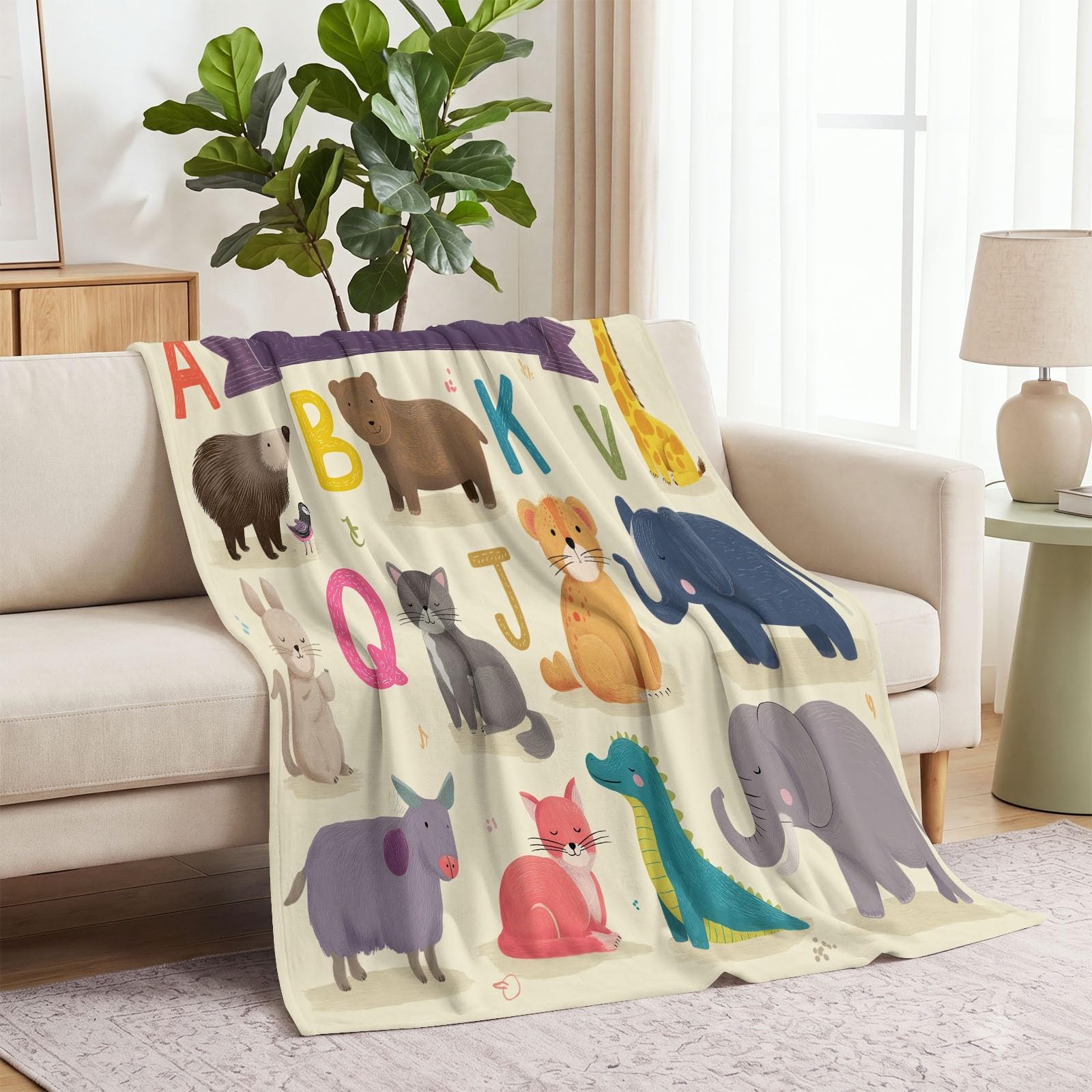 Beżowy koc sherpa, 200 x 200 cm, koc z kreskówek, litery, ciepły puszysty koc polarowy, słodkie zwierzęta, miękki koc na sofę, do salonu, sypialni, na podróż i kemping