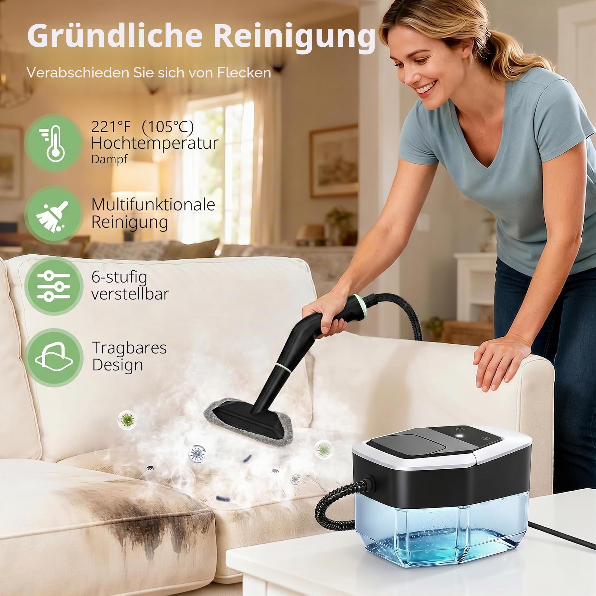 Dampfreiniger Handgerät Dampfreiniger Für Alles Steam Cleaner Handdampfreiniger Handlicher Auto Dampfente Bad Polster Küche, Badezimmern, Boden, 1.8L Wassertank, 4bar, 15S Aufheizzeit