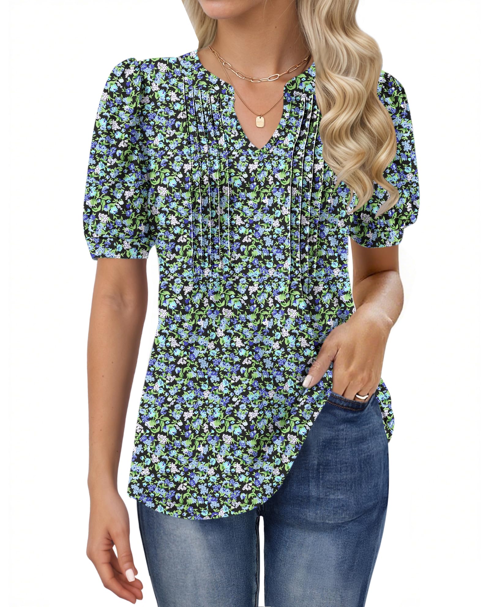 MOLERANI T Shirts for Women - V Neck Tops Loose Casual Puff Short Sleeve T-Shirt Front Pleated Blouse Blue Green Flowers 2XL
