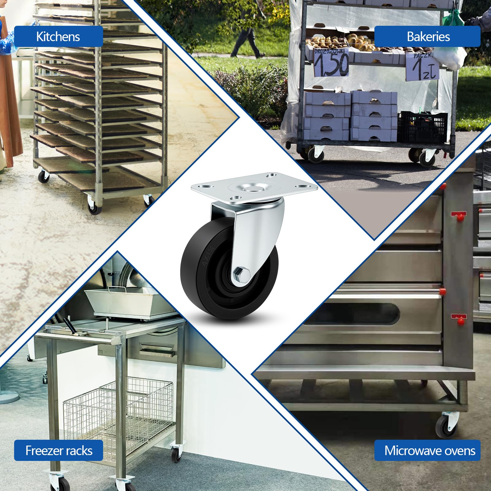 Set di 4 ruote girevoli da 4 pollici per carrelli da panetteria, resistenti alle alte temperature (446°F), in acciaio zincato, per forno e panetteria, portata massima 1200 libbre, per carrelli e va