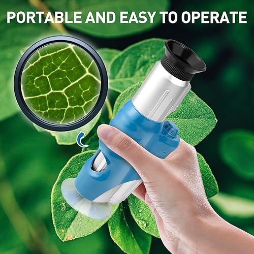 Miniatura 5 de HDAJY Mini microscopio, microscopio de bolsillo con luz LED 20x-60x, 8 muestras de diapositivas, microscopio portátil para niños, azul