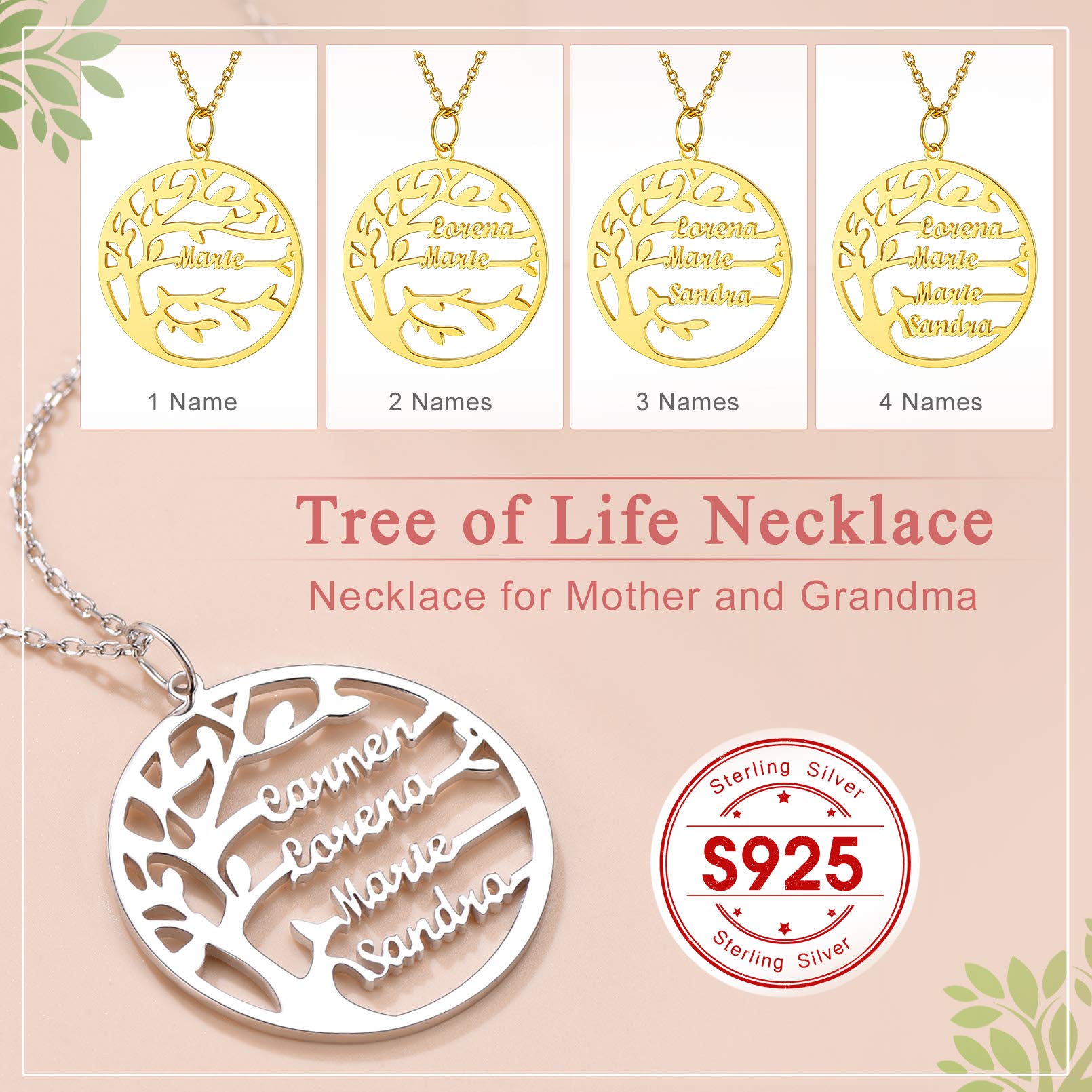 Custom4U Collar Mujer Arbol de Vida con Nombres Personalizados Colgante Redondo/Corazón Acero Inoxidable 316L / Plata de Ley 925 con 1/2/3/4/5/6 /7/8 Nombres Regalo Madre Pareja Familia