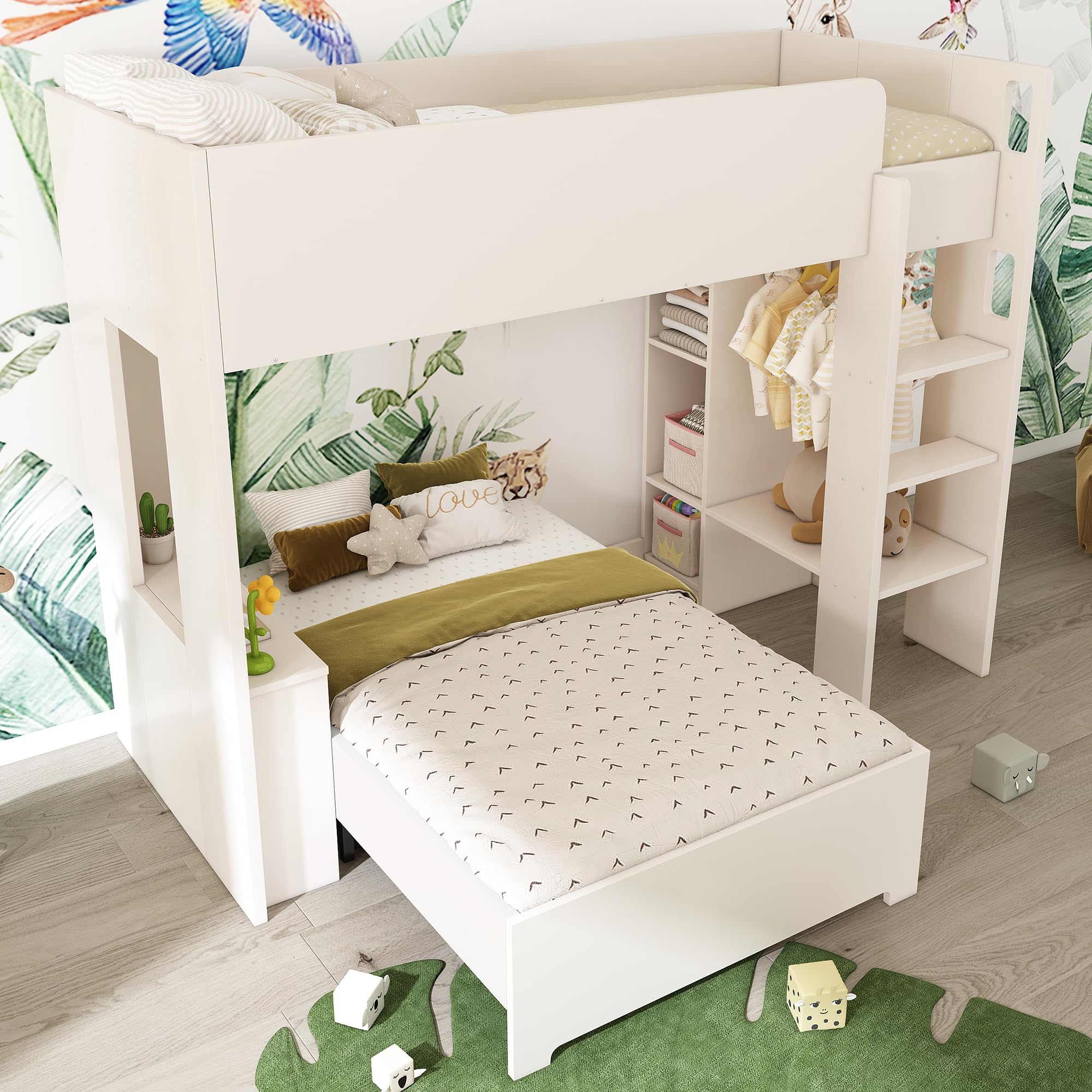 Stapelbed - 2 x 90 x 200 cm - 2 lades - Wit en houtlook - TINOLI