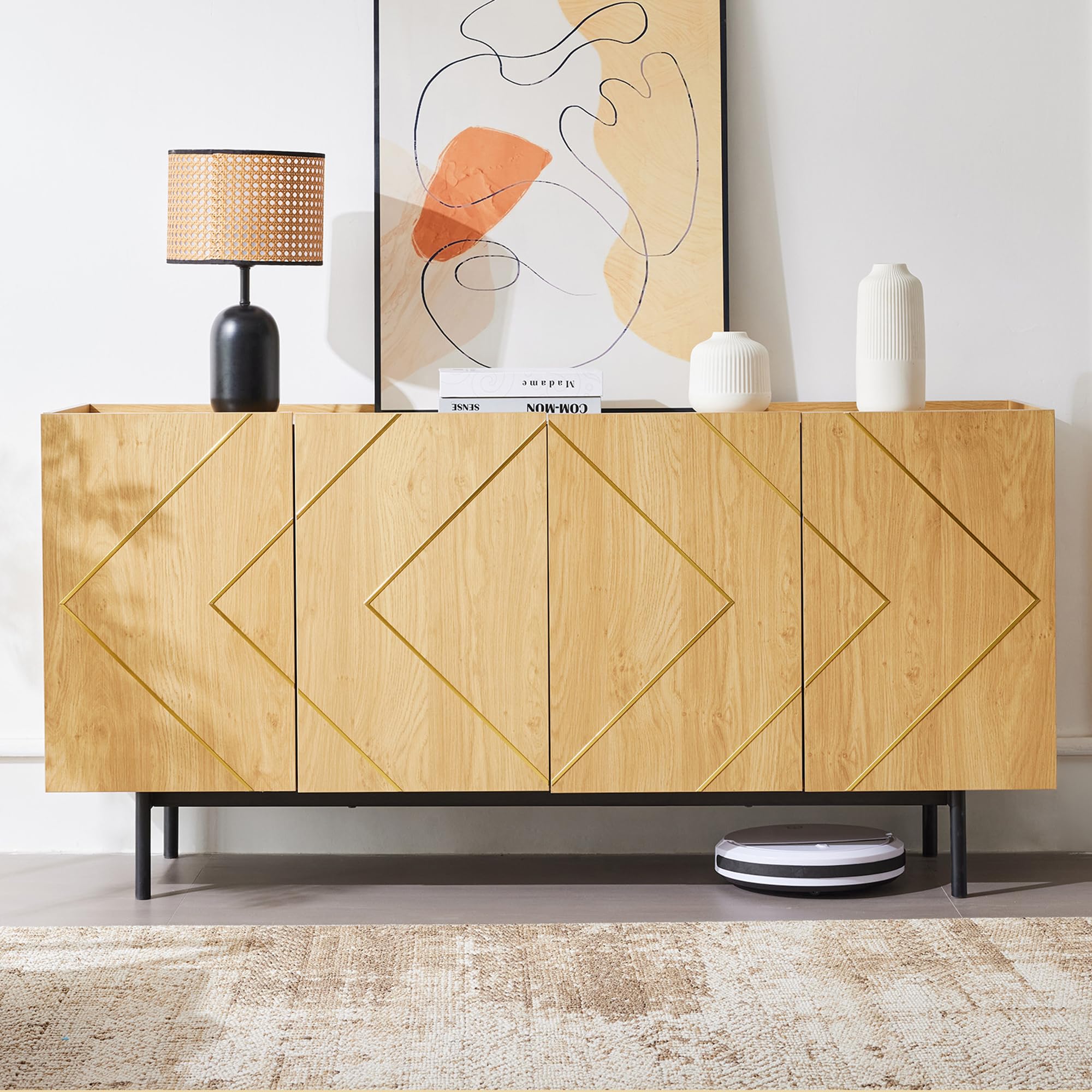 Merax Sideboard Holz Kommode mit 4 Türen,rustikal Sideboard Küchenschrank Buffet,Anrichte Beistellschrank Standschrank,Naturholz, H78/B160/T40 cm
