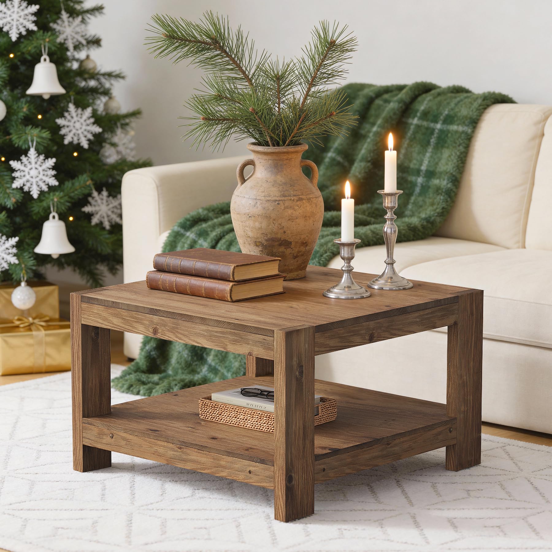 Massivholz Couchtisch Quadratisch 80 x 80 cm, Landhausstil Wohnzimmertisch mit Stauraum Braun, 2-stöckiger Sofatisch aus Holz im Landhausstil, Kaffeetisch für Wohnzimmer, Büro, kleine Räume
