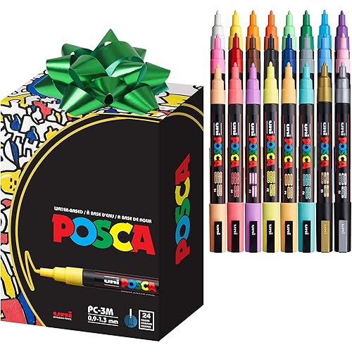 posca Paint Markers, 3M Fine Acrylic Markers with Reversible Tips, Art Supplies For Gifts, Decorations, Fabric, Metal, Glass, and Canvas, Assorted Colors, Set of 24