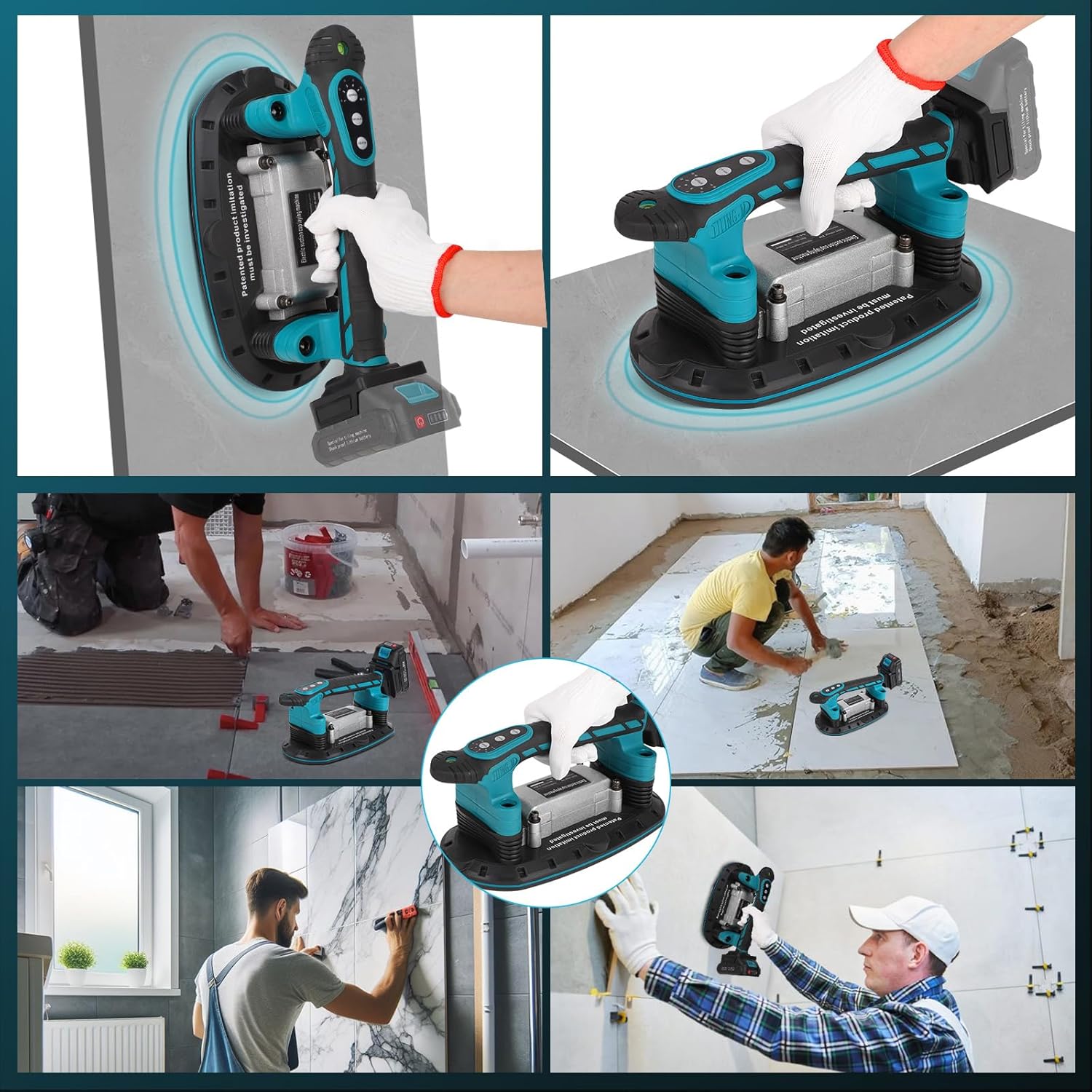 Tile Vibration Machine Installation Tool for Makita 18V Battery, Handheld Automatic Tiling Vibrator with Enlarged Suction Cup for Tiling Leveling Laying 24000r/min 6 Speeds Adjustable