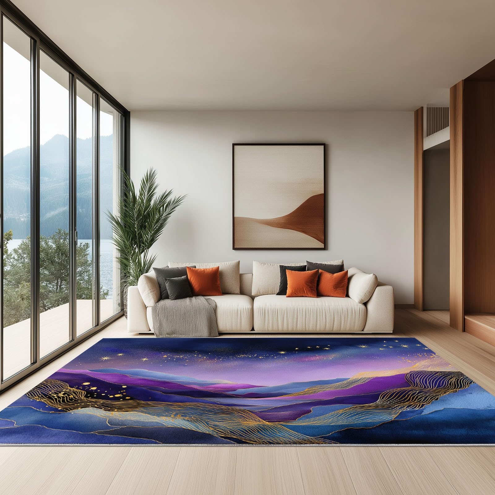 Generico Dywan do salonu z krótkim włosiem 140 x 200 cm można prać w pralce, antypoślizgowy prostokątny górski linie gwiaździste niebo gwiazdy, do dekoracji domu sypialni ciemnofioletowy