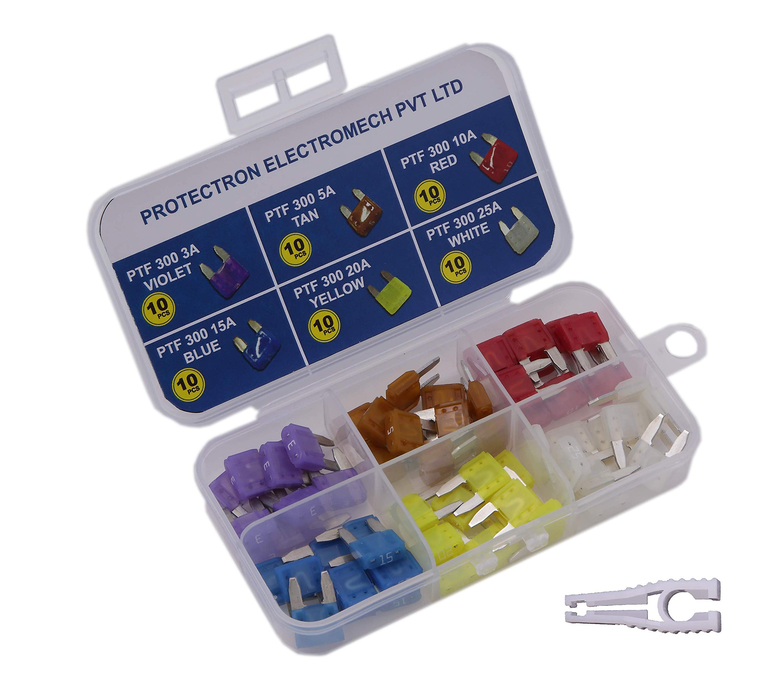 PROTECTRON 60pc Assorted MINI BLADE (ATM) Auto Car standard Fuse kit- 3A-25A- WITH EXTRACTION PULLER