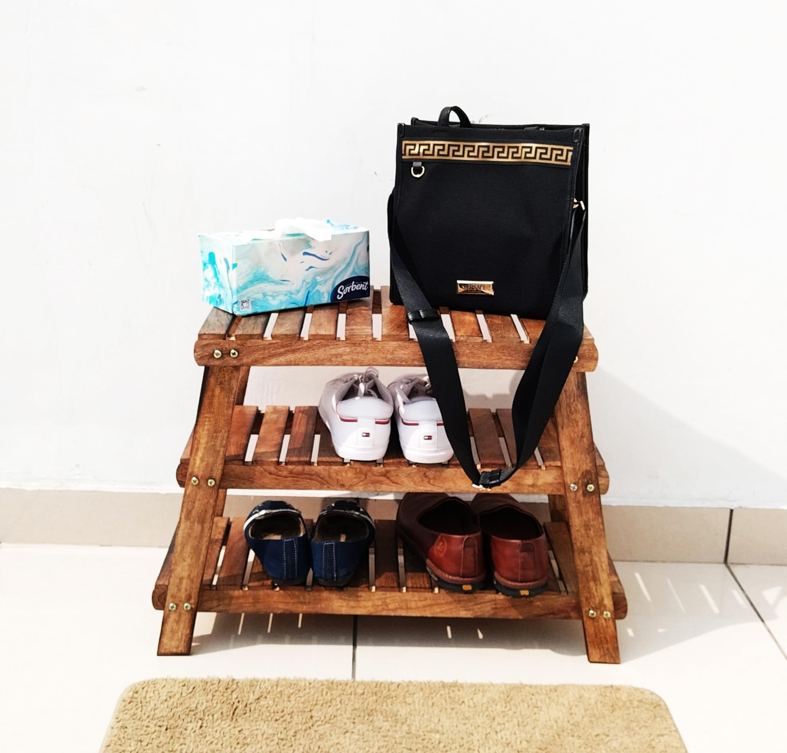 3-Tier Solid Wood Shoe Rack for Sitting Bench Use and Shoe Organizing in The Home and Hallway. (1 Triangle)-image-24