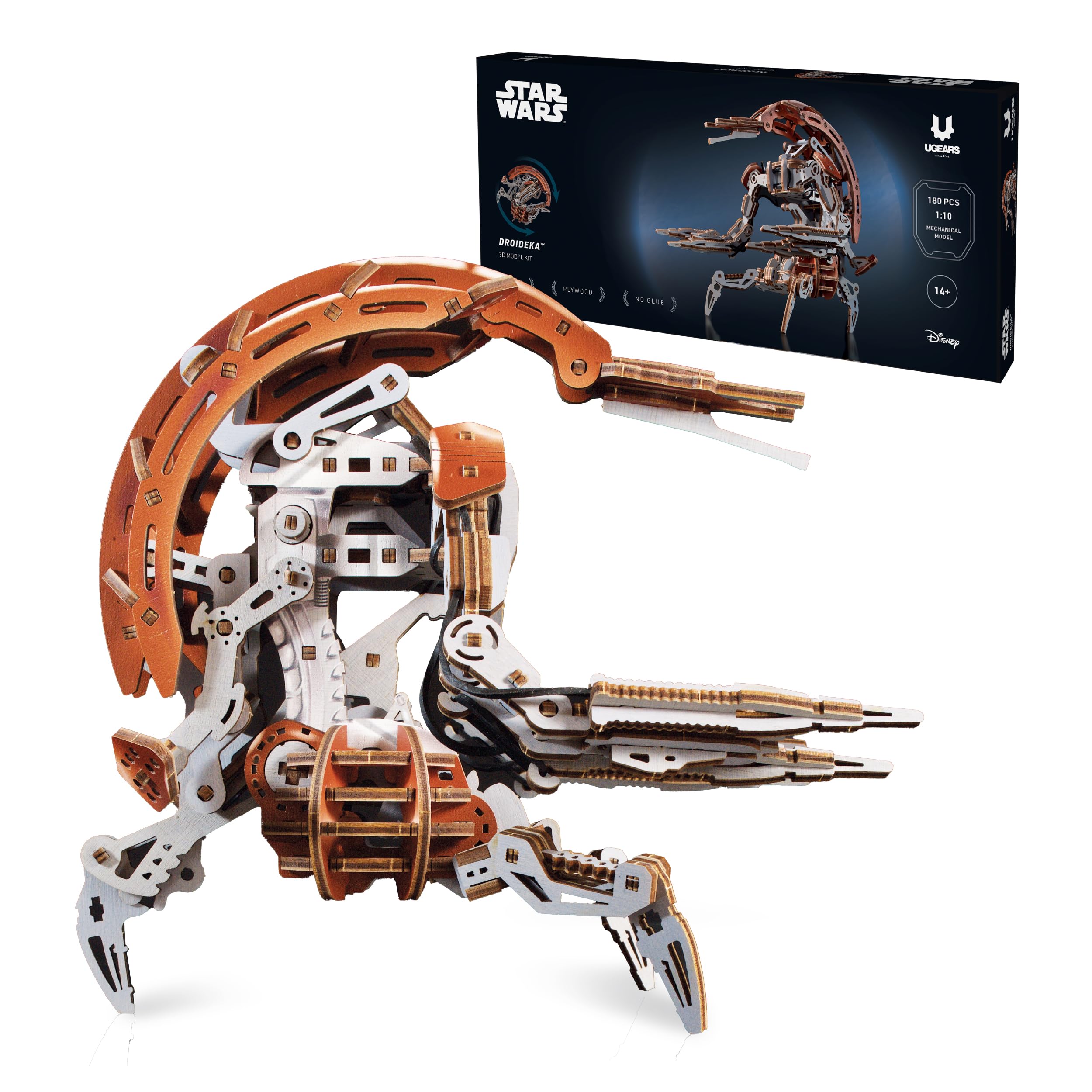 UGEARS Star Wars Droideka Drewniane Puzzle 3D – Mechaniczny drewniany model do złożenia, zestaw DIY do budowy, kolekcjonerskie puzzle z drewna, szczegółowy projekt konstrukcyjny i pomysł na prezent dl