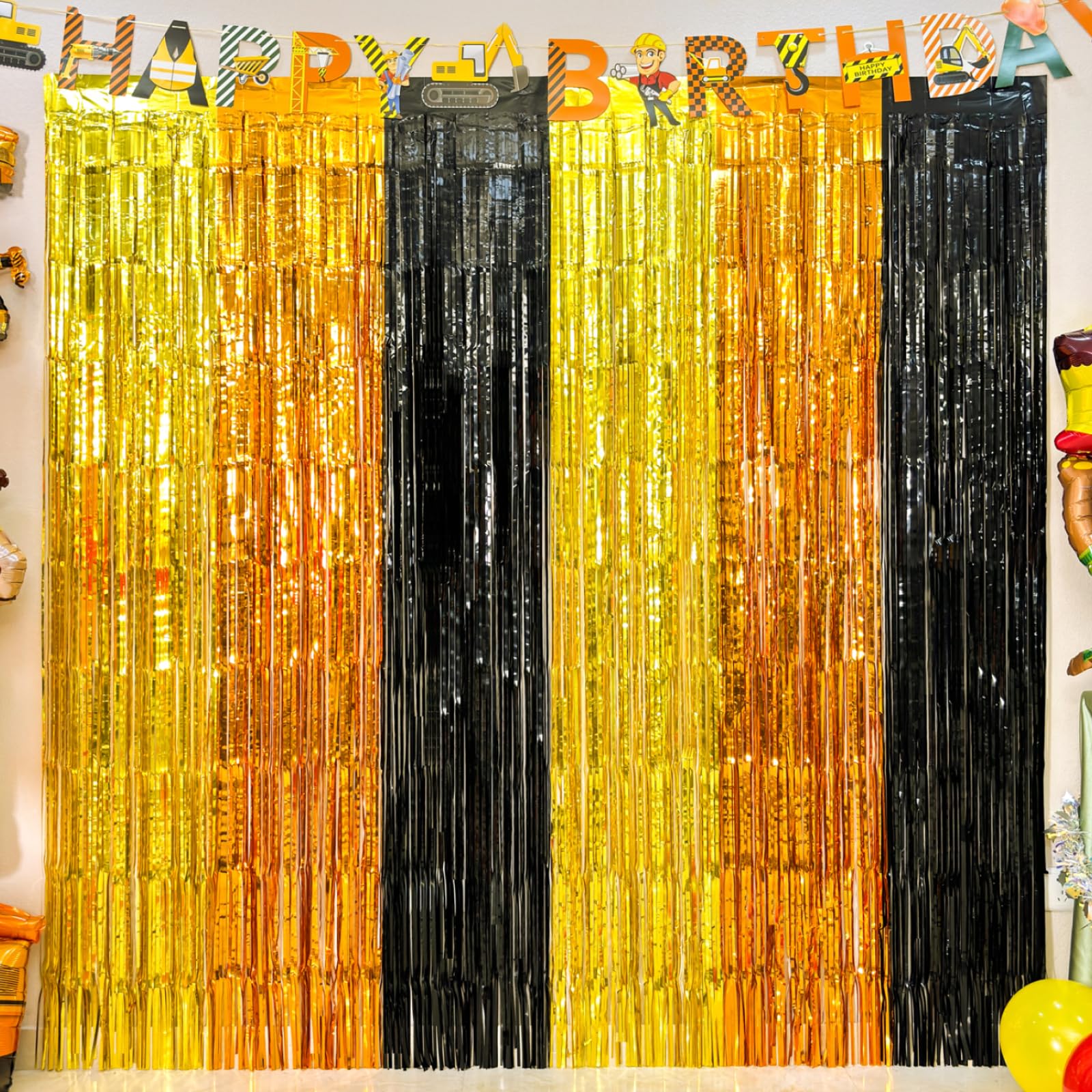 4 Pack Construction Foil Fringe Curtain-13.2x6.6ft Yellow Orange Black Tinsel Backdrop, Construction Theme Party Supplies for Car, Truck, Caution Tape