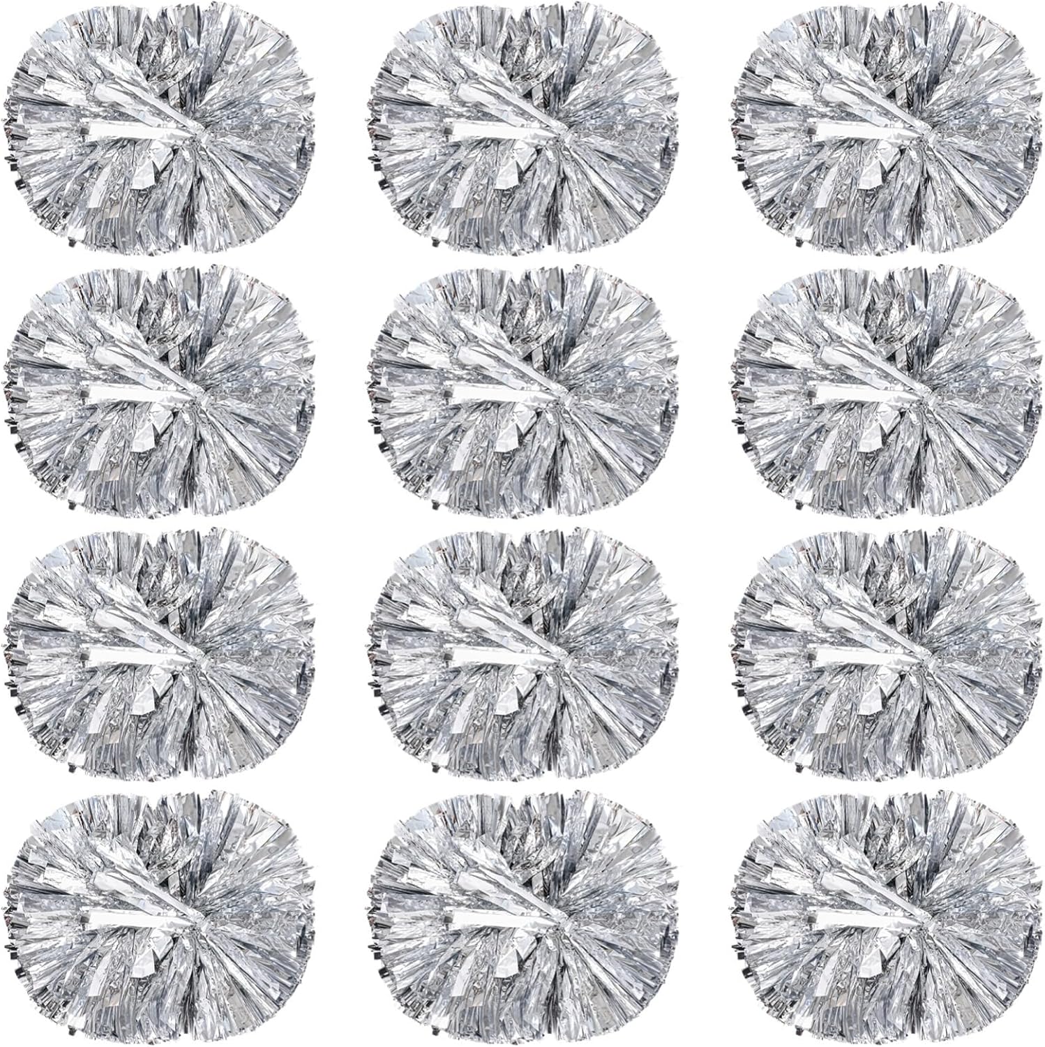 12Pcs Silver Cheer Pom Poms with Handles for Parties, Sports, and Cheerleading, 11.4 in