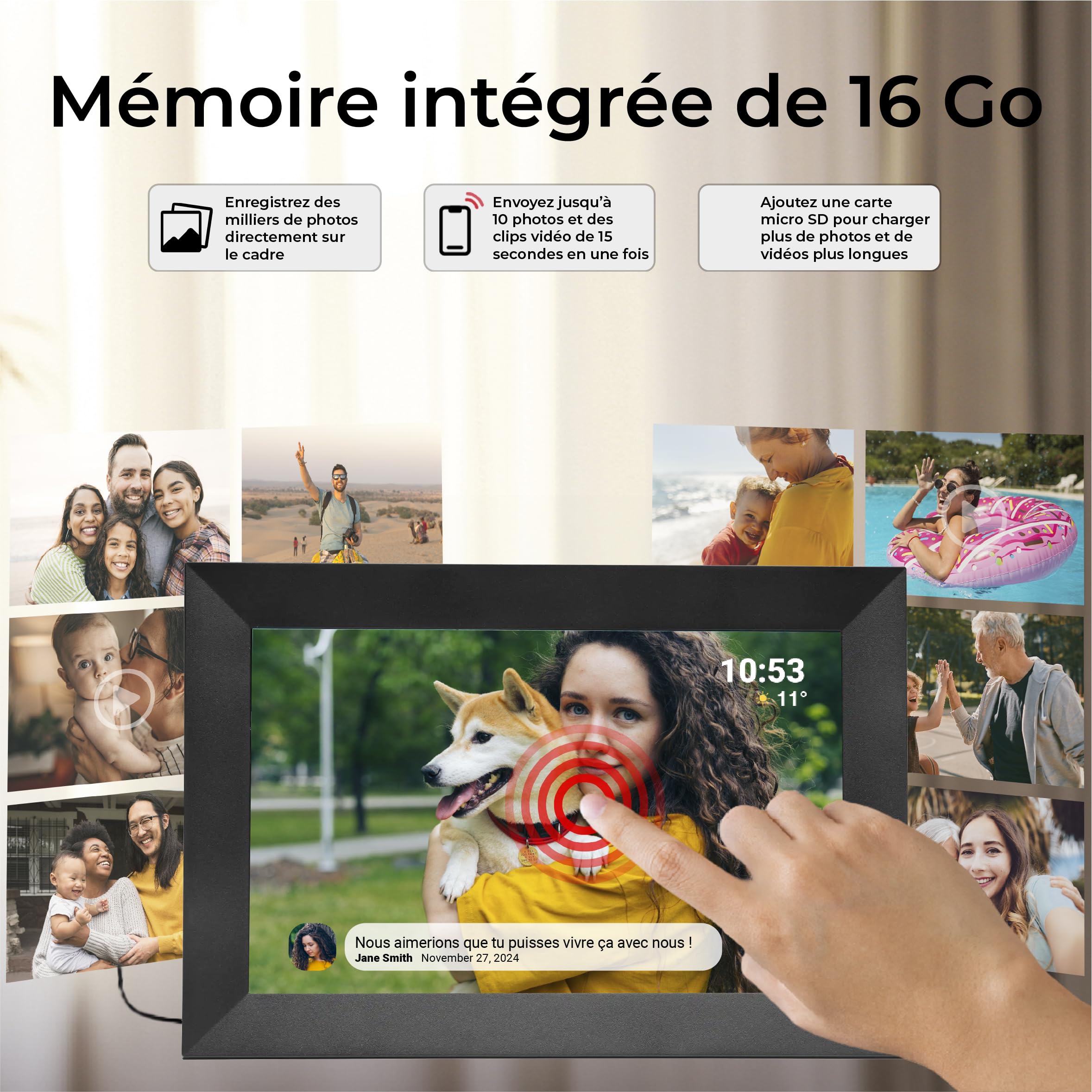 Denver PFF-1024BMK2 Cadre Photo numérique Wi-FI FRAMEO 10,1 Pouces, écran Tactile IPS 1280 x 800, mémoire 16 Go, Application iOS/Android, Noir