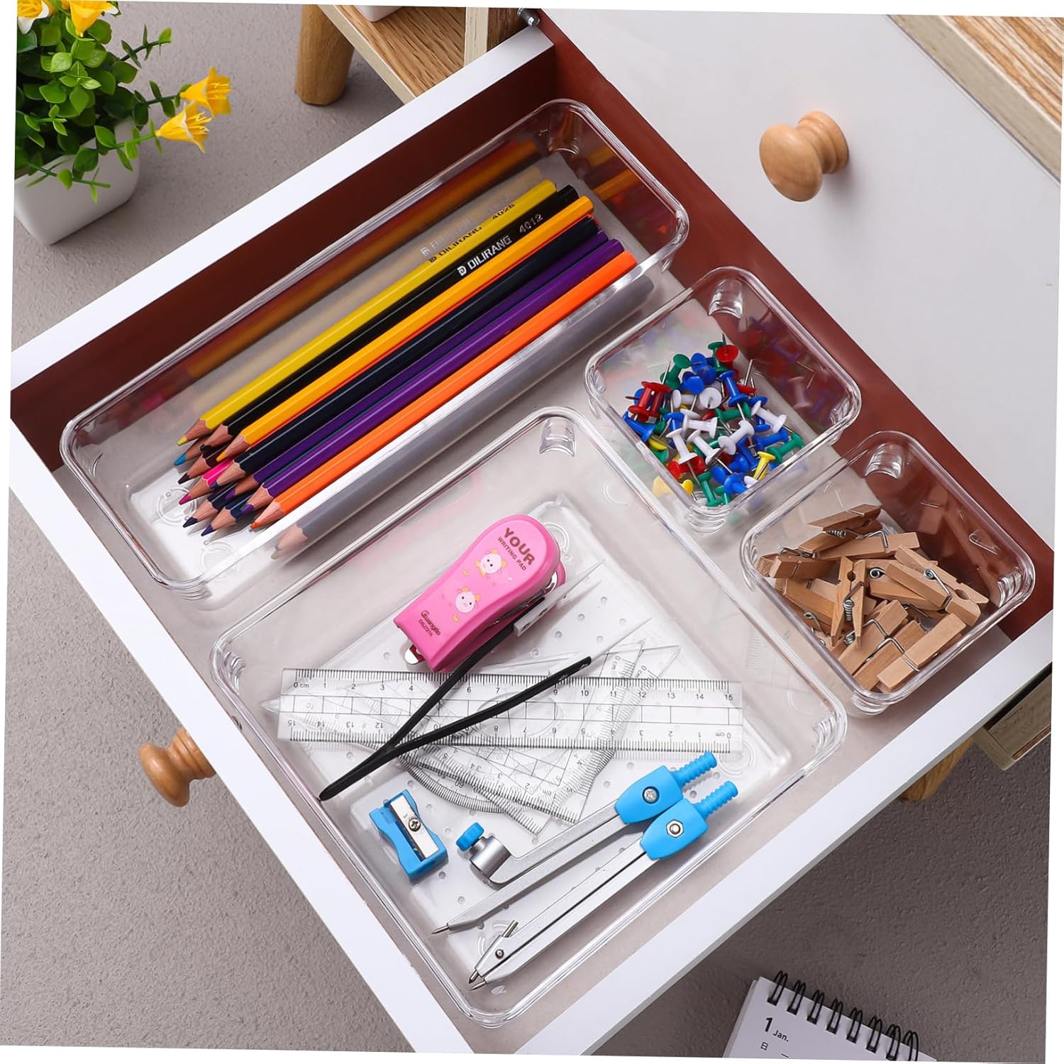 Drawer Organizer Set Divider Trays 6-Compartment Plastic Storage Bins for Makeup and Kitchen Versatile Drawer Divider for Home Organization
