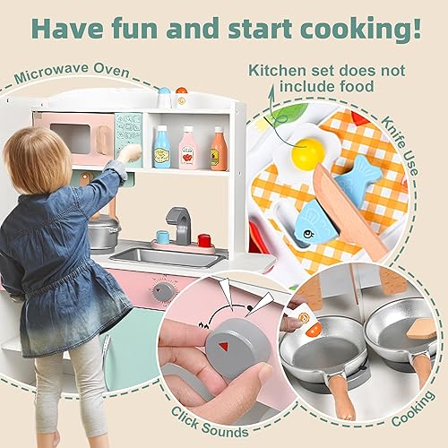 Miniatura 3 de Juego de cocina de juguete de cocina de madera con estufa, horno, fregadero, refrigerador y 11 piezas de accesorios de cocina, juegos de cocina para
