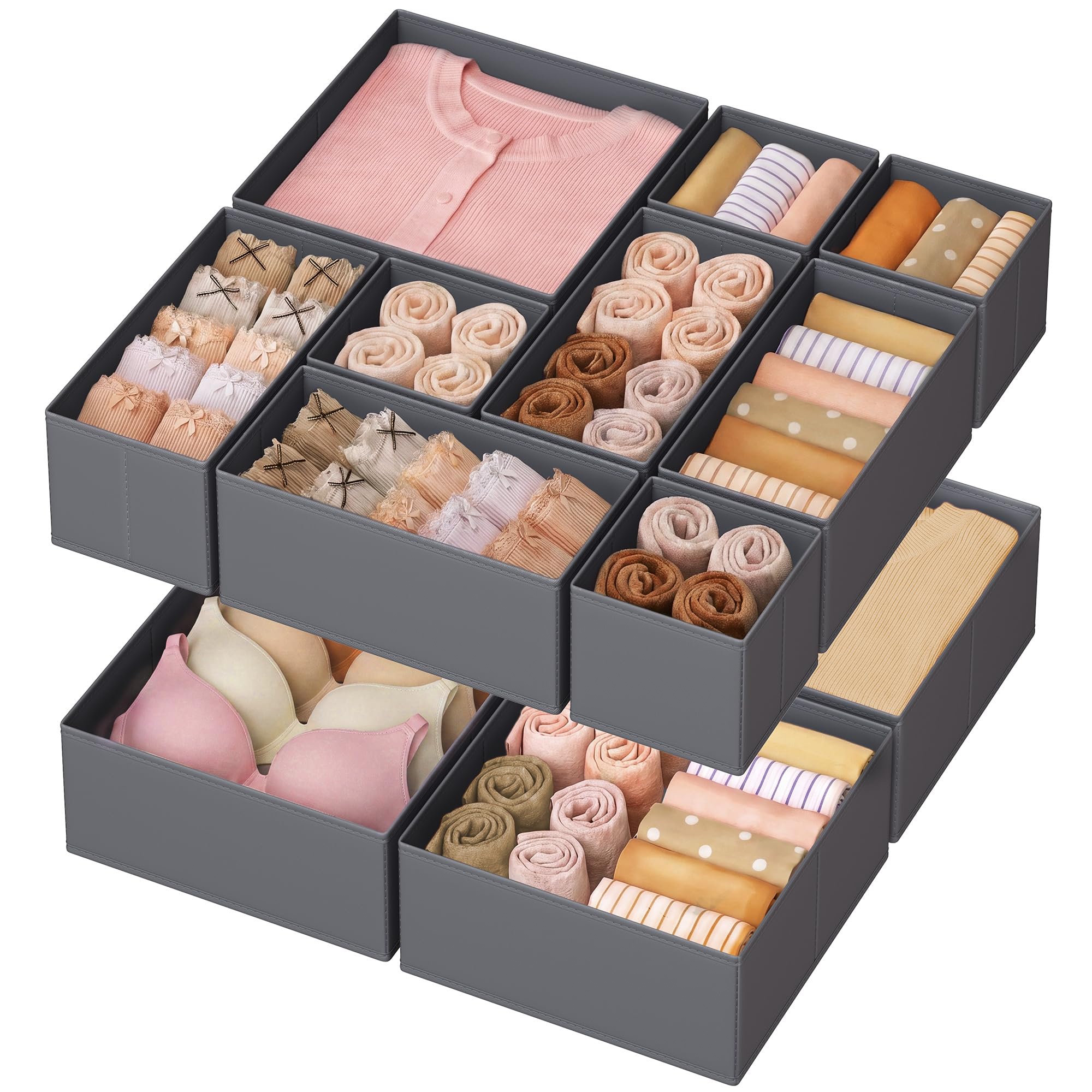 Songmics Slate Grey Set Of 12 Drawer Organisers, Foldable Fabric Storage Boxes