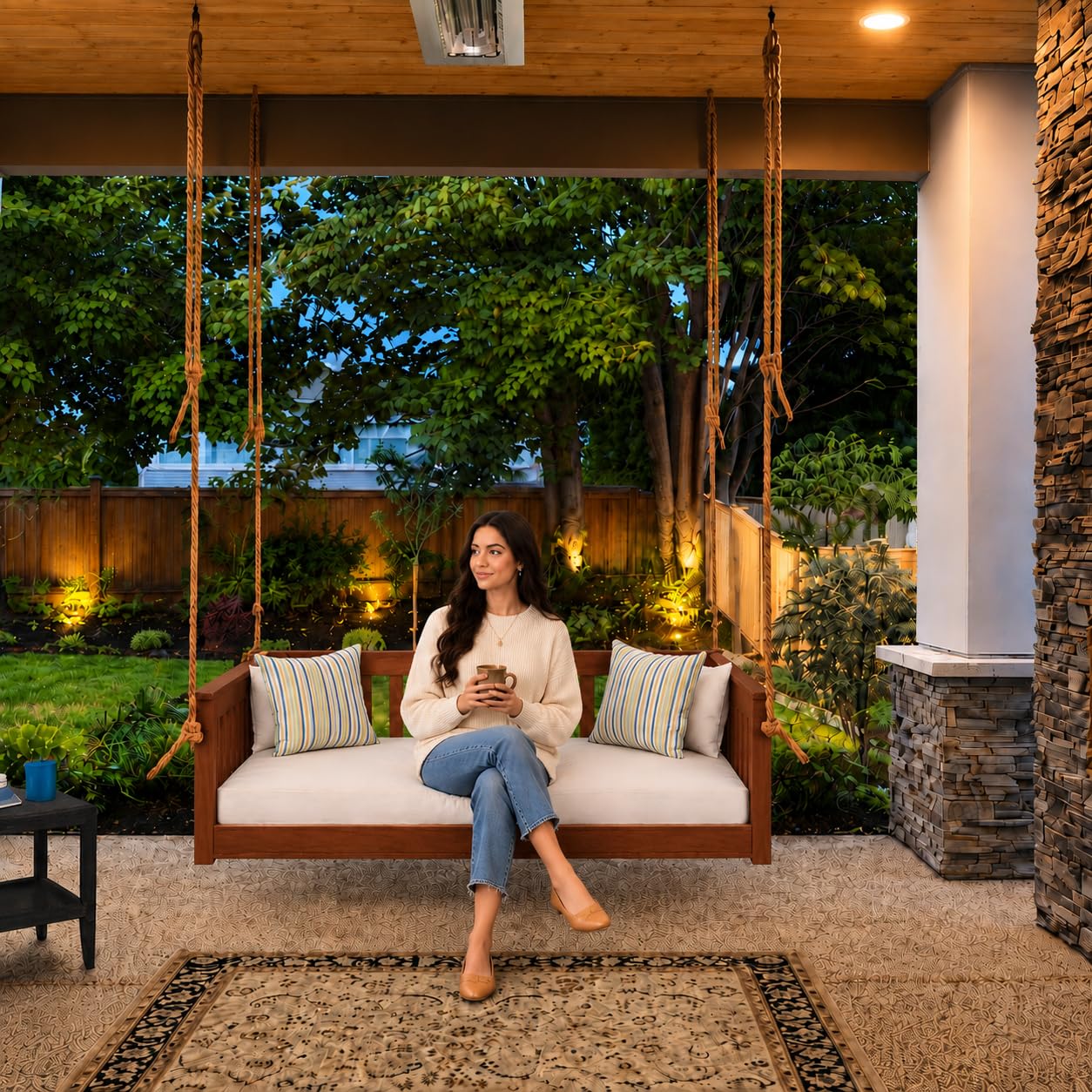 Hanging bed swing on a warmly lit porch at dusk