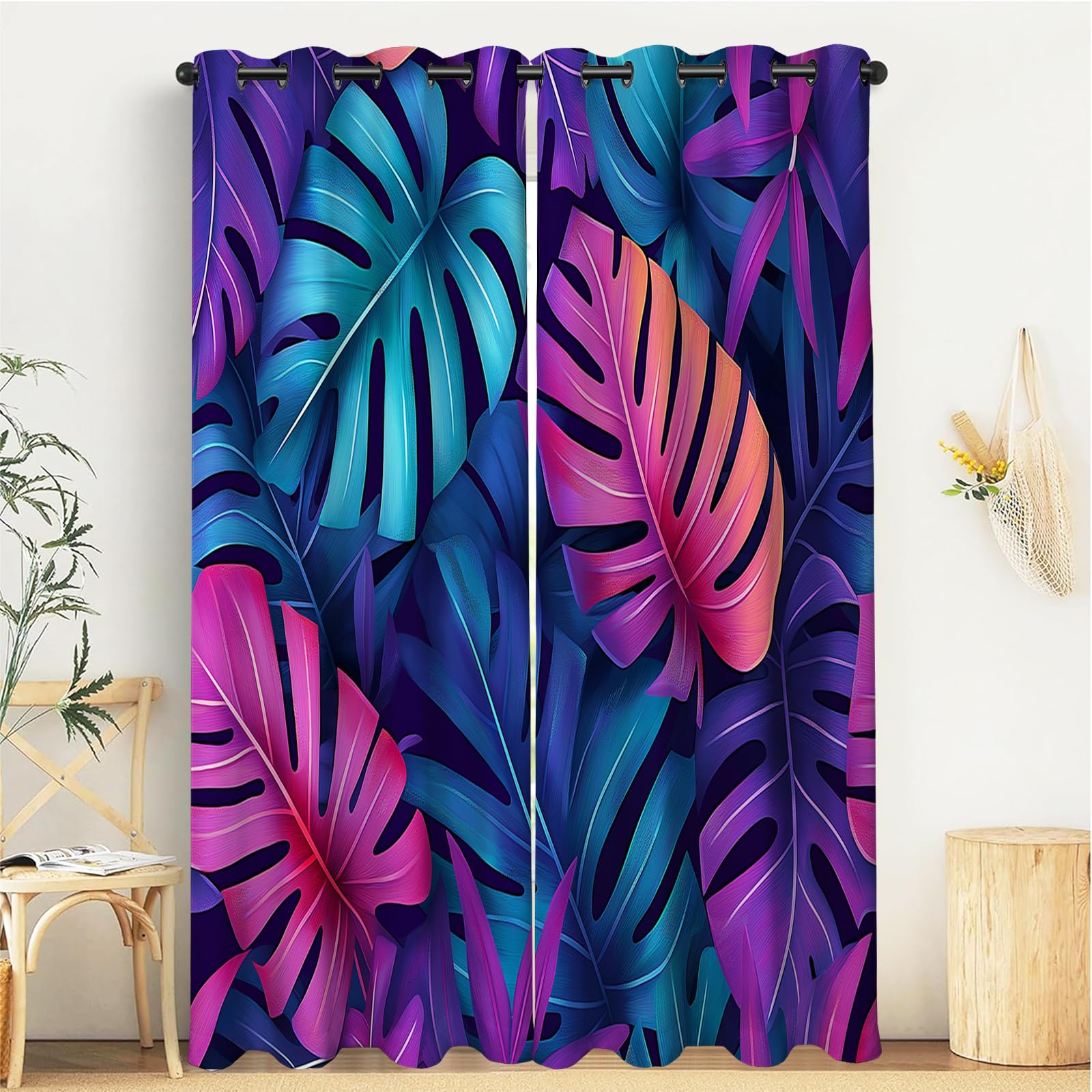 Rideaux isolants anti froid occultants bleu nuit à motif feuilles 3D pour chambre