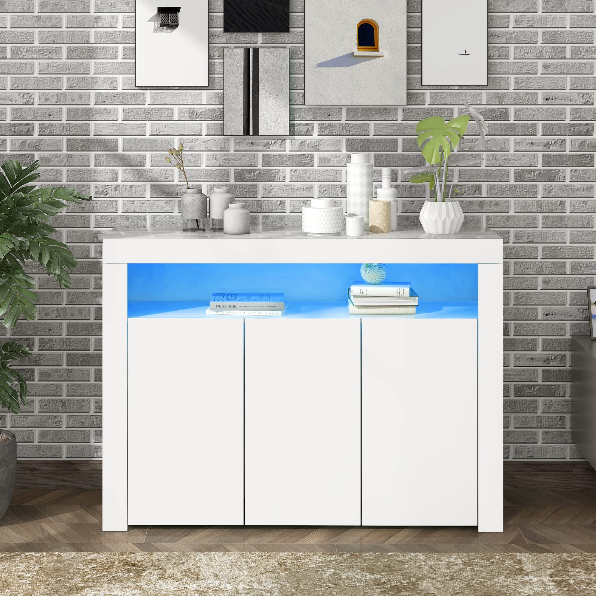 FYKTIK High Gloss Wood Buffet Cupboard with RGB LED Lights, Modern Sideboard Highboard Standing Cabinet with 3 Doors, Multi-purpose Storage Unit for Living Room Hallway Bedroom, 130x35x95 cm, White