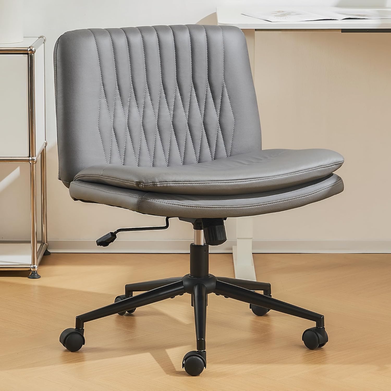 HMeeZnn Armless Wide Seat Office Chairs with Wheels, Criss Cross Legged Desk Chair