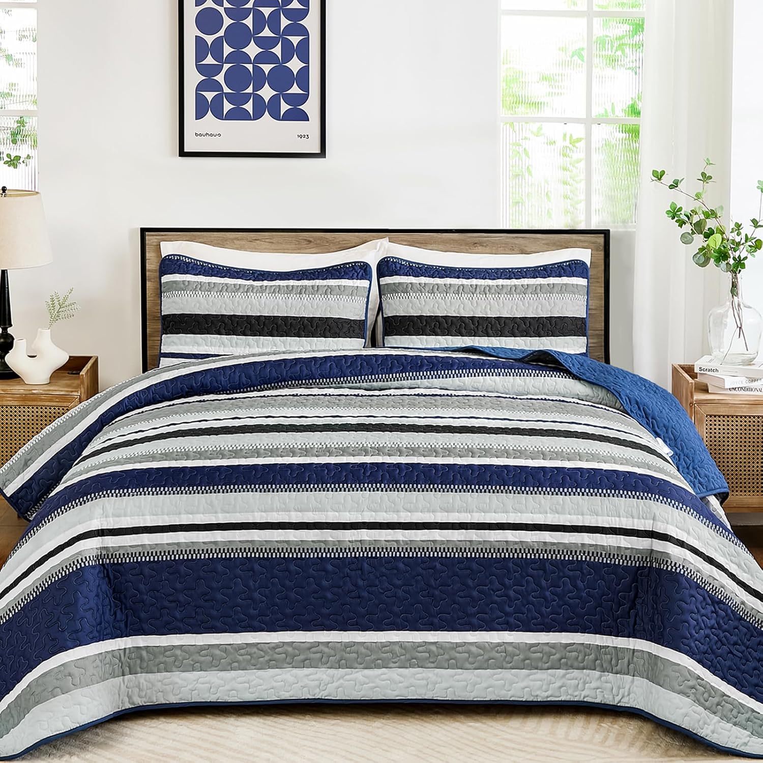 WONGS BEDDING Quilts Queen Size, Navy Blue Quilt Bedspread Bedding Set, Summer Queen Coverlet Sets with Shams, 3 Pieces Lightweight Striped Quilt for Bed(96"x 90") - Image 2
