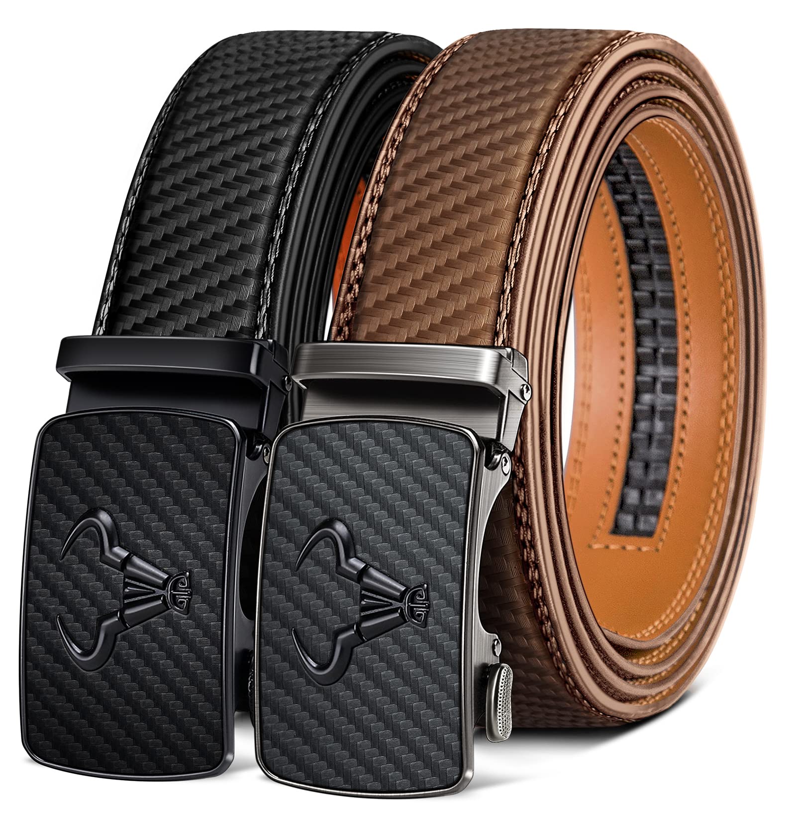 BULLIANT Gürtel Herren 2er, Gürtel Ratsche Automatikschließe Ledergürtel für Herren Verstellbar 35mm Breit mit Geschenkbox
