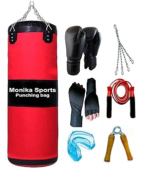 Monika Sports Senior Boxing Combo 3 feet Unfilled Punching Bag_Pair of Boxing Gloves_Pair of Handwrap_1 Mouth Guard_1 Bearing Skipping Rope_1 Wooden Handgrip Boxing Kit