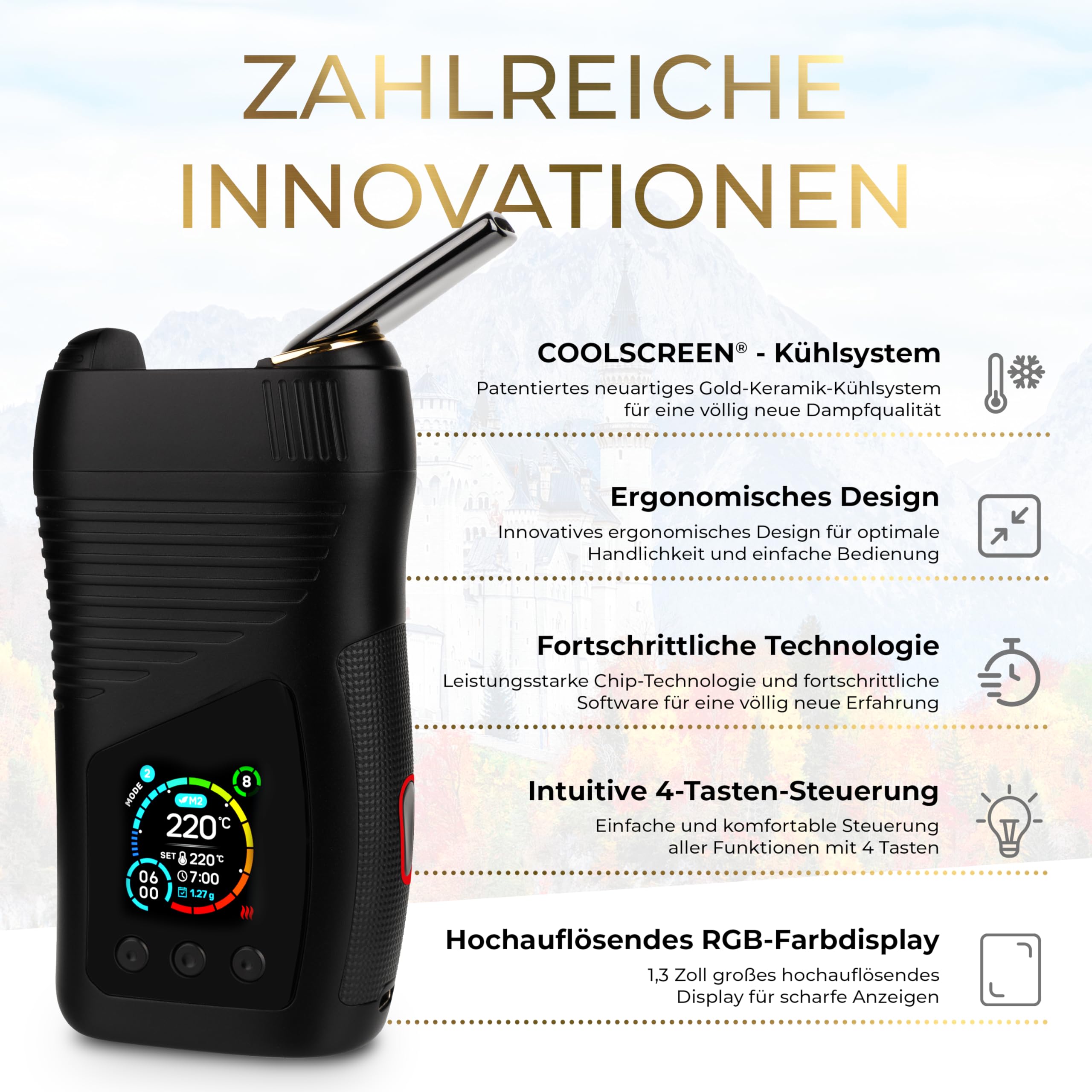 WOLKENKRAFT LIVE Premium Vaporizer für Kräuter & Extrakte | Hybrid-Konvektion | COOLSCREEN-Kühlsystem | 40 - 220 °C | USB-C | 3000-mAh-Akku | RGB-Display | personalisierbare Modi