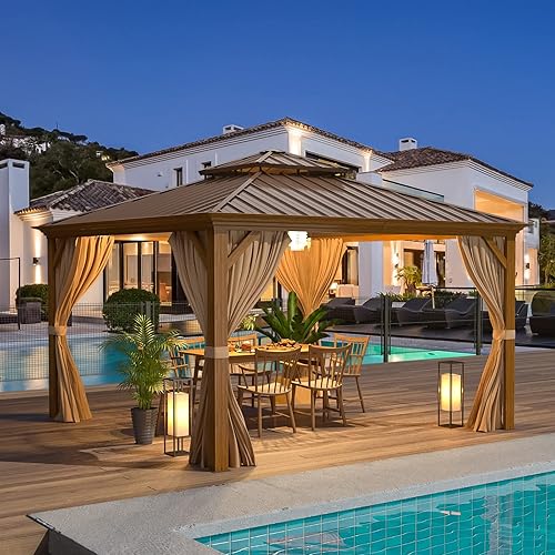 EROMMY Cenador de 12 x 12 pies, toldo con marco de aluminio recubierto de madera con techo rígido de acero galvanizado doble, pabellón de metal
