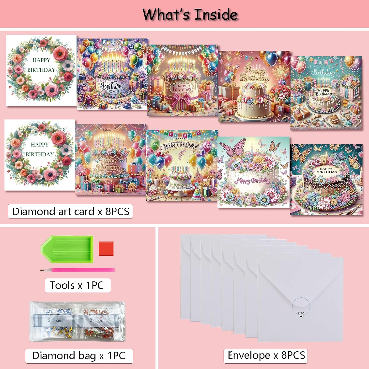 Muzagroo Art Diamond Art Greeting Cards for Adults Diamond Painting Happy Birthday Greeting Cards for Beginners Adults Crafts Gem Art Kits Birthday Greeting Cards 8PCS (Happy Birthday 1)