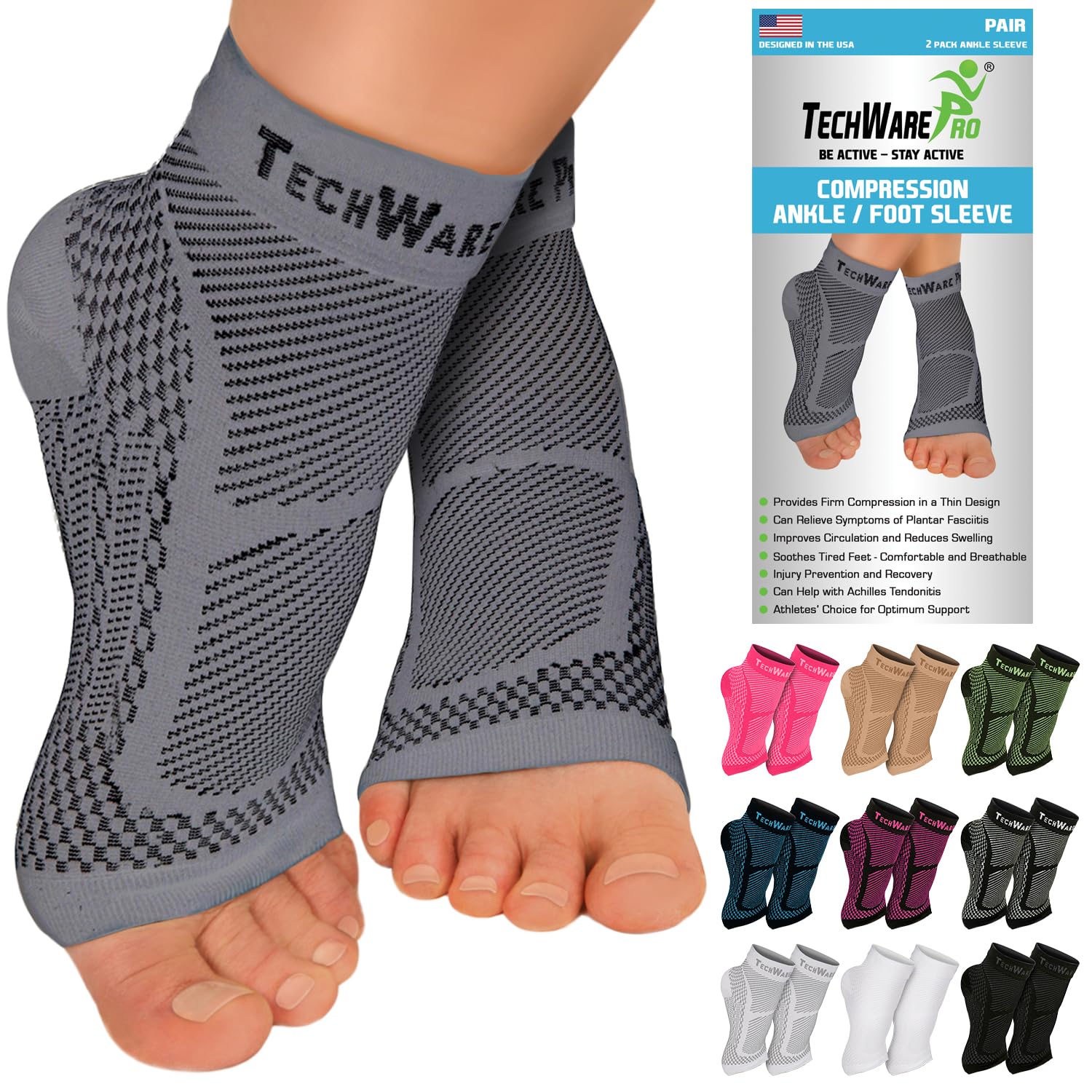 TechWare Pro Ankle Brace Compression Sleeve - Plantar Fasciitis Sock. Relieves Achilles Tendonitis. Foot Arch Support Reduces Joint Pain, Swelling & Heel Spur Pain. Injury Recovery Braces for Sports