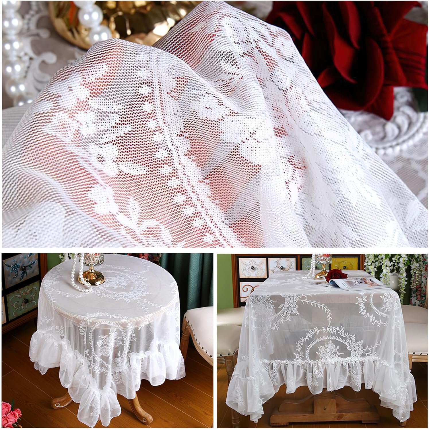 Vintage White Lace Tablecloth with Flowers, Embroidered Ruffles Table Cloth Square, French Rustic Elegant Chic Table Cover for Wedding Party Banquet, 60x60inch