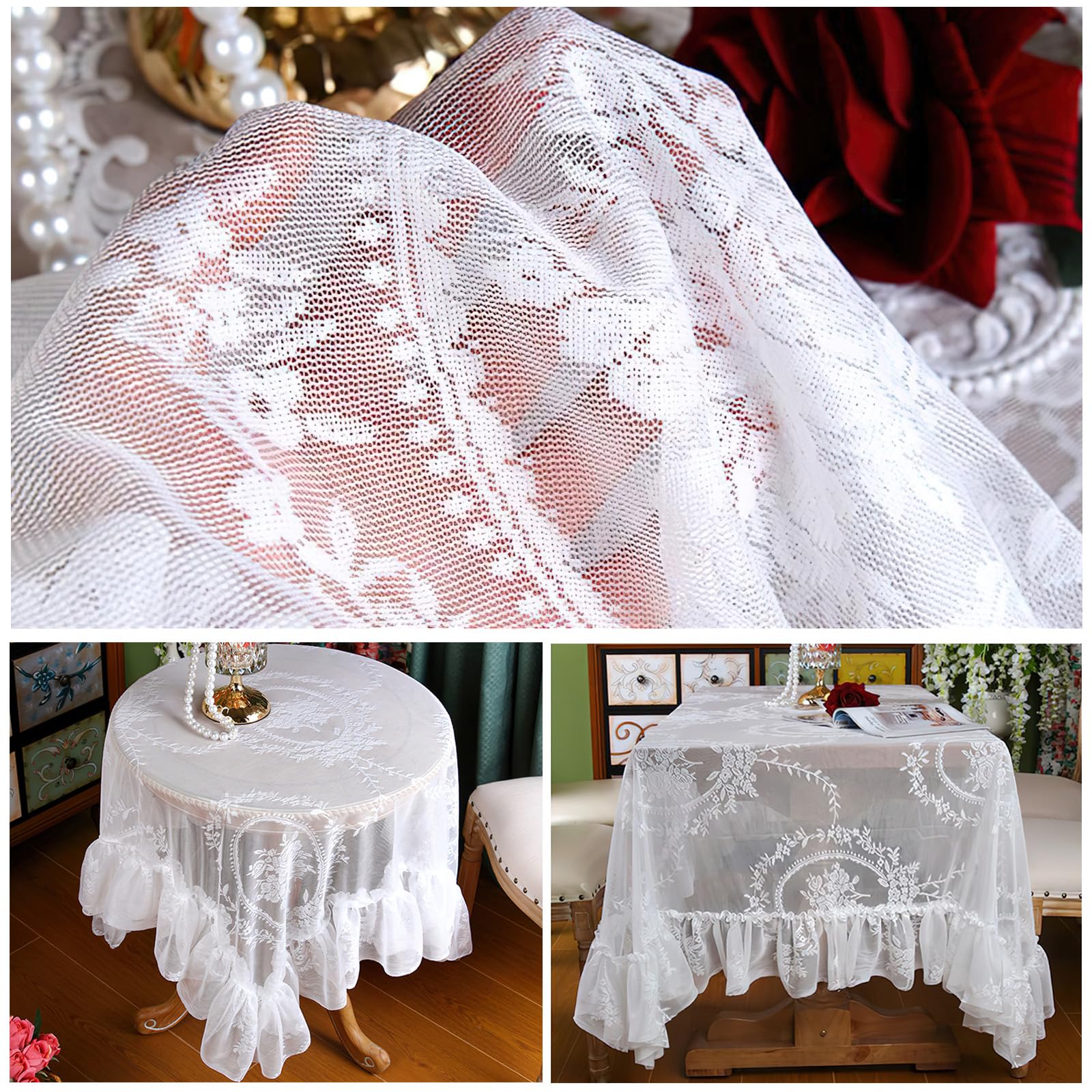 Vintage biały koronkowy obrus kwiaty haftowane falbany, kwadratowy obrus, francuski rustykalny szydełkowane falbanki, obrus na wesele, bankiet, dekoracja, 183 x 183 cm