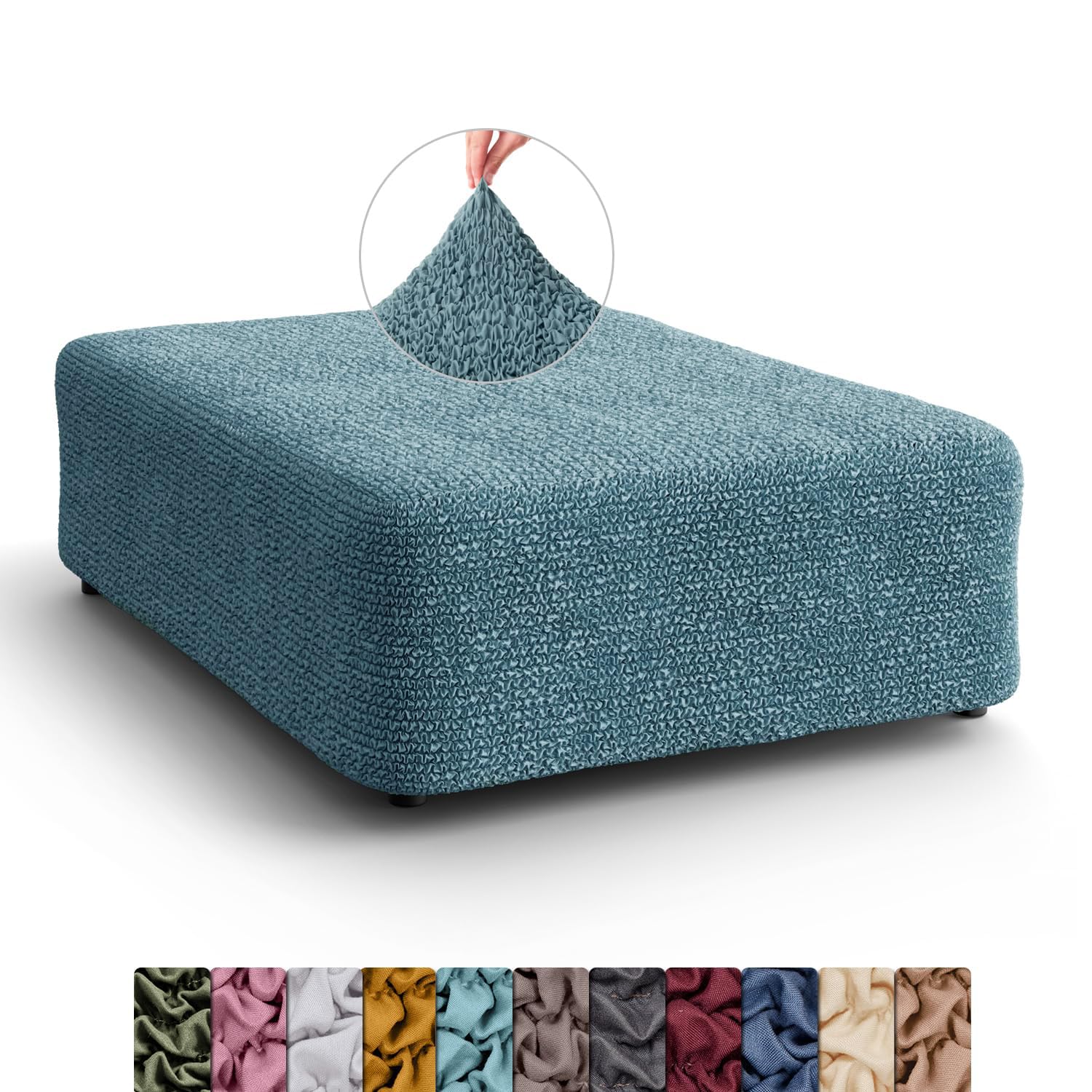 Menotti Large Footstool Ottoman Foot Rest Slip Cover for Sofa Stretch Elastic Fabric Protector - Microfibra - Tiffany (Large Footstool)