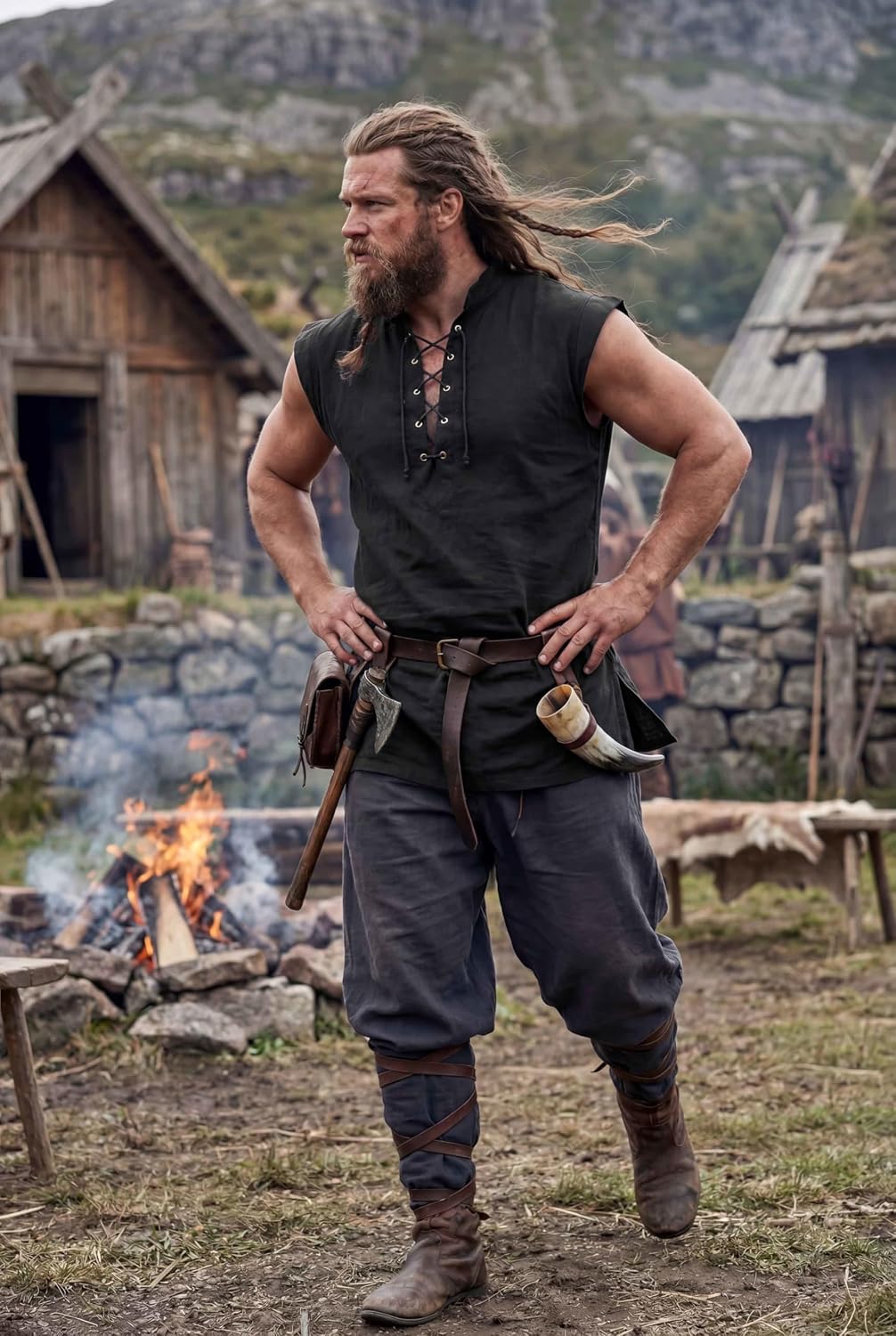 Men's Pure Cotton Tank Top Drawstring Sleeveless Shirts Medieval Viking Pirate Renaissance Costume