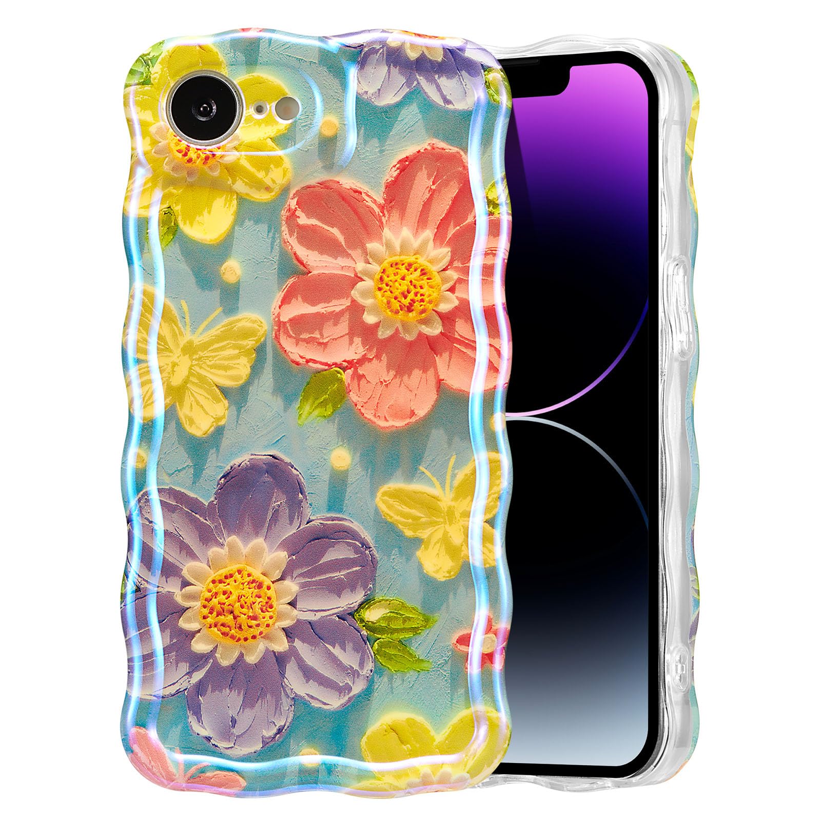 EYZUTAK Case for iPhone 15, Colorful Retro Oil Painting Flower Laser Beam Glossy Pattern Cute Curly Waves Border Exquisite Phone Cover Stylish Durable Soft TPU Protective Case for Girls Women - Green — view 106