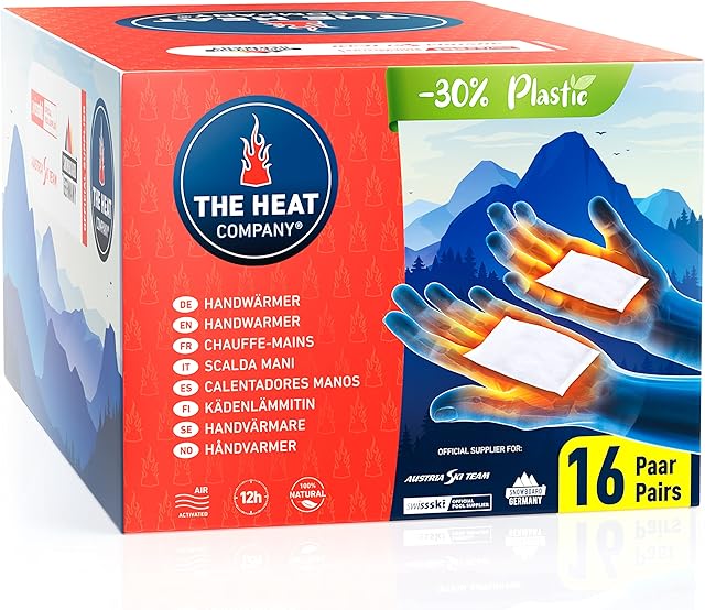 THE HEAT COMPANY Handwarmers - New: 30% Less Plastic - EXTRA WARM For 12 Hours Warm Hands - 10, 16, 32 or 40 Pairs - Air Activated Heat Pads - Pocket Warmer Against Cold Hands