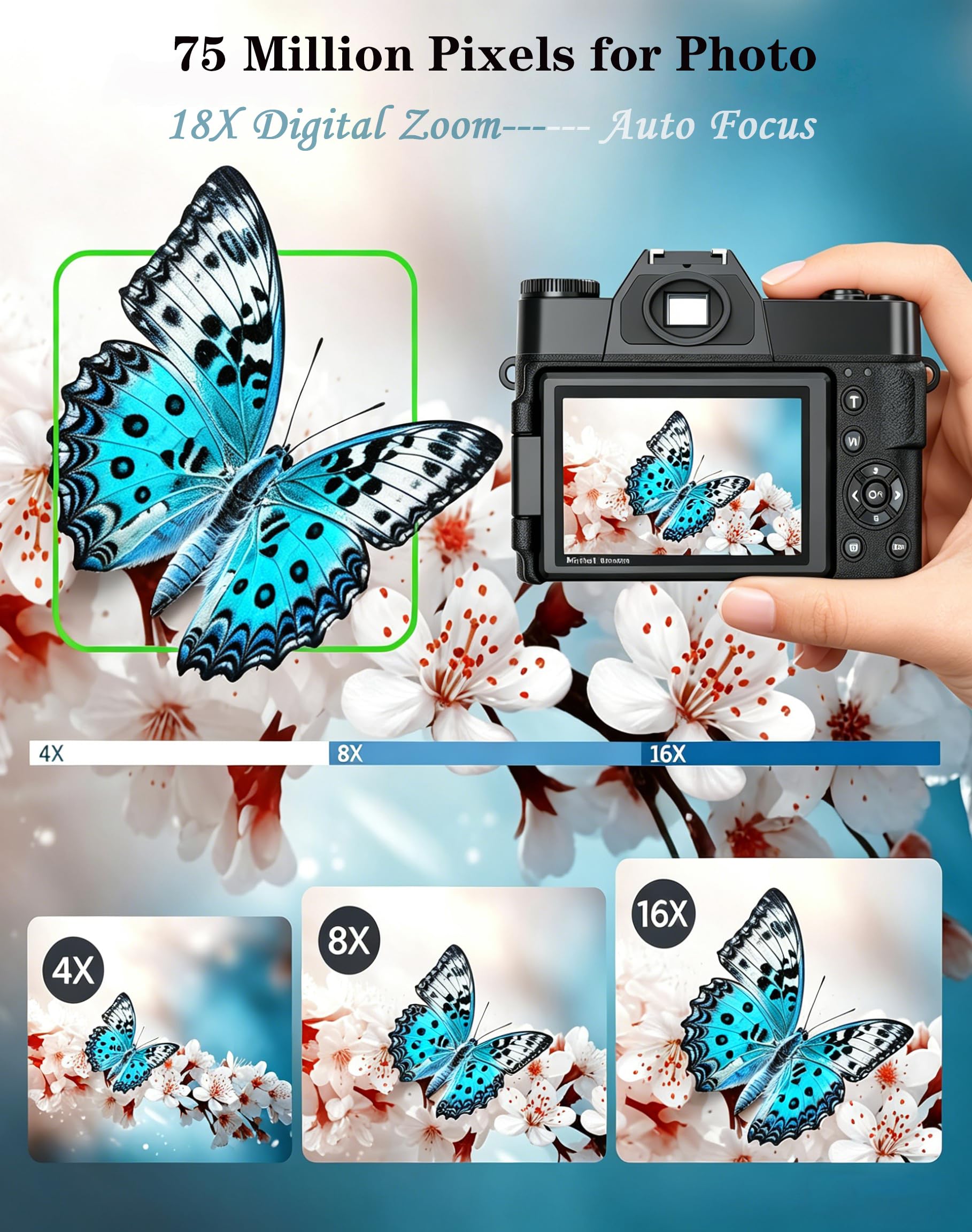 Cámara digital 4K, cámara de vlogging WiFi de 75 MP con pantalla abatible de 180°, enfoque automático, zoom de 18X, tarjeta de 32 GB, 2 baterías, cámaras digitales compactas de apuntar y disparar para