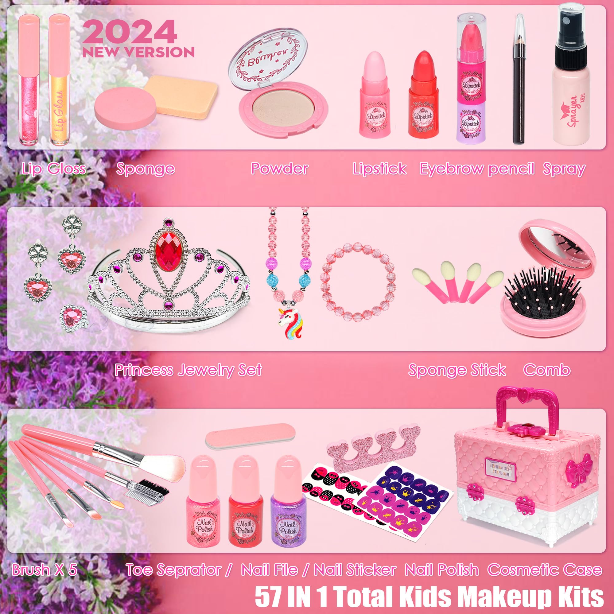 Kids Makeup Kit for Girl - 57 PCS Safe and Washable Makeup for Kids, Real Girls Makeup Kit, Toddler Makeup Kit with Cosmetic Case, Girls Toys Age 4-12, Princess Toys for Girls (Pink)