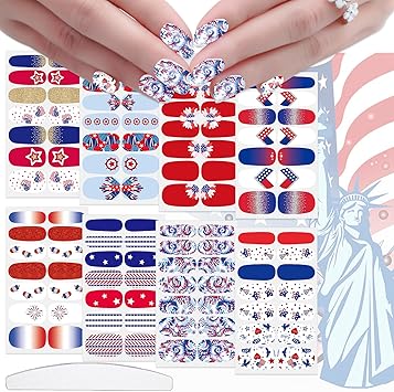 8 Sheets 4th of July Nail Wraps for Women Independence Day Nail Polish Strips Patriotic American Flag Nail Strips Self-Adhesive Nail Stickers with Nail File for Memorial Day（4th of July-A）