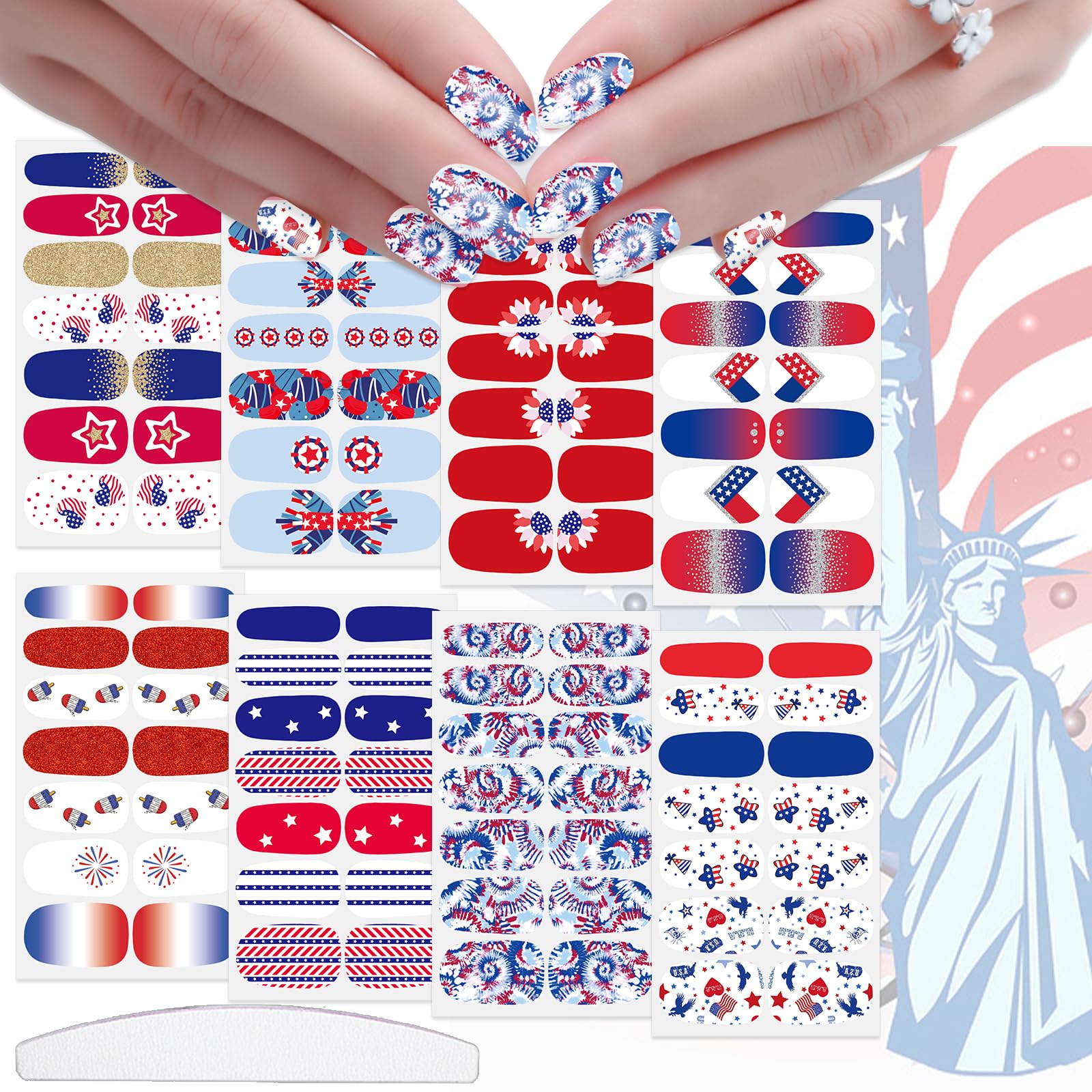 JERCLITY 8 Sheets 4th of July Nail Wraps for Women Independence Day Nail Polish Strips Patriotic American Flag Nail Strips Self-Adhesive Nail Stickers