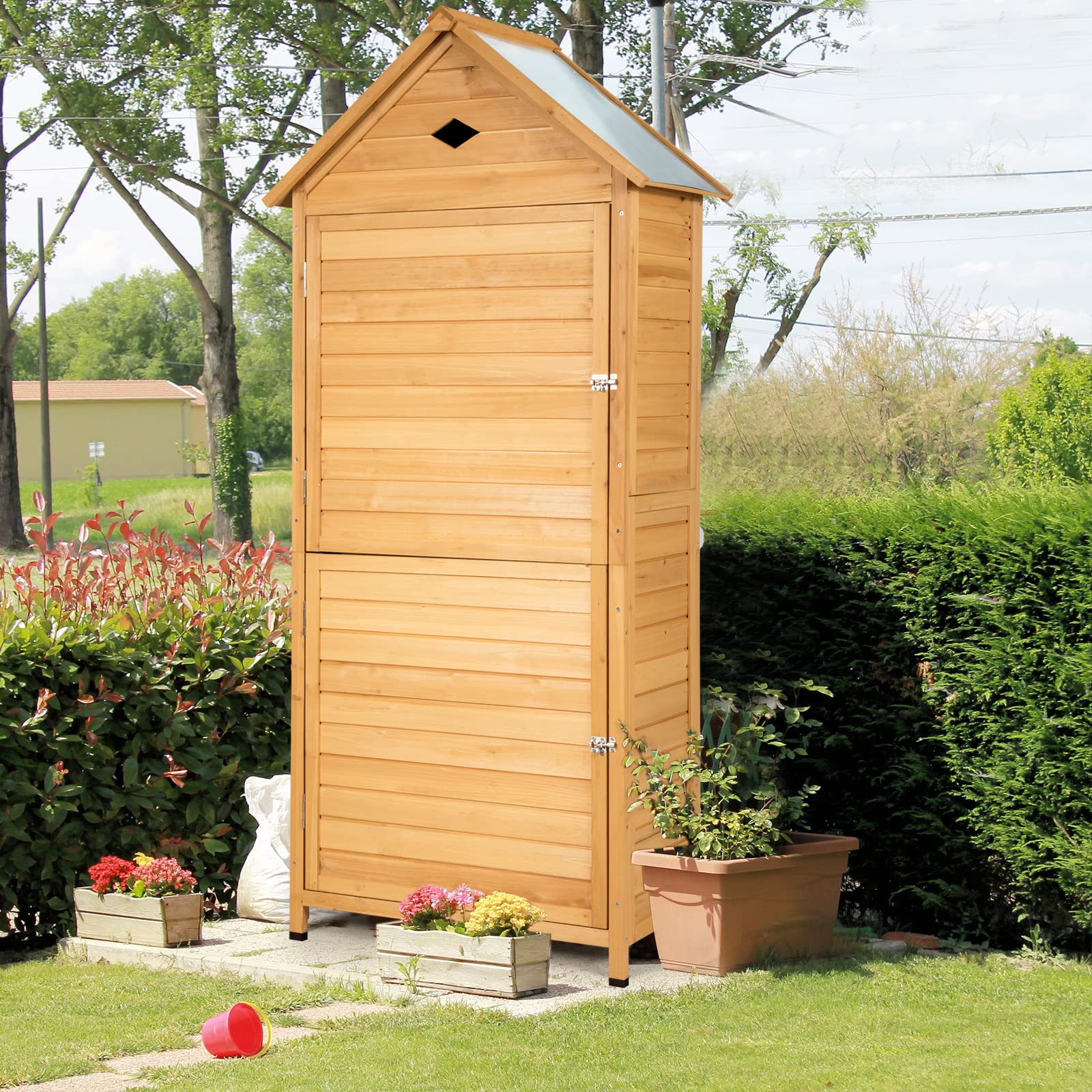 HOMASIS Casetta da Giardino in Legno, Casetta Porta Attrezzi Impermeabile con 5 Ripiani, Capanno da Giardino con Tetto Zincato e Serratura, Armadio da Esterno, Balcone (80 x 45 x 177 cm)